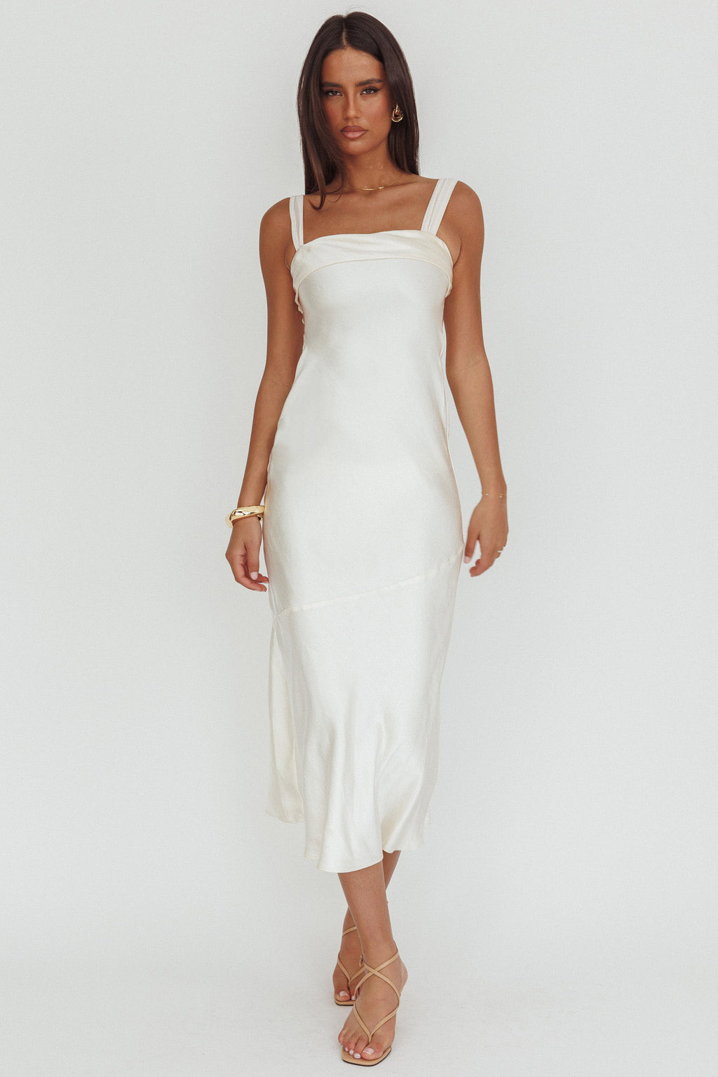 Carmel Shoulder Sash Midi Dress Oyster - L Carmel Shoulder Sash Midi Dress Oyster - L