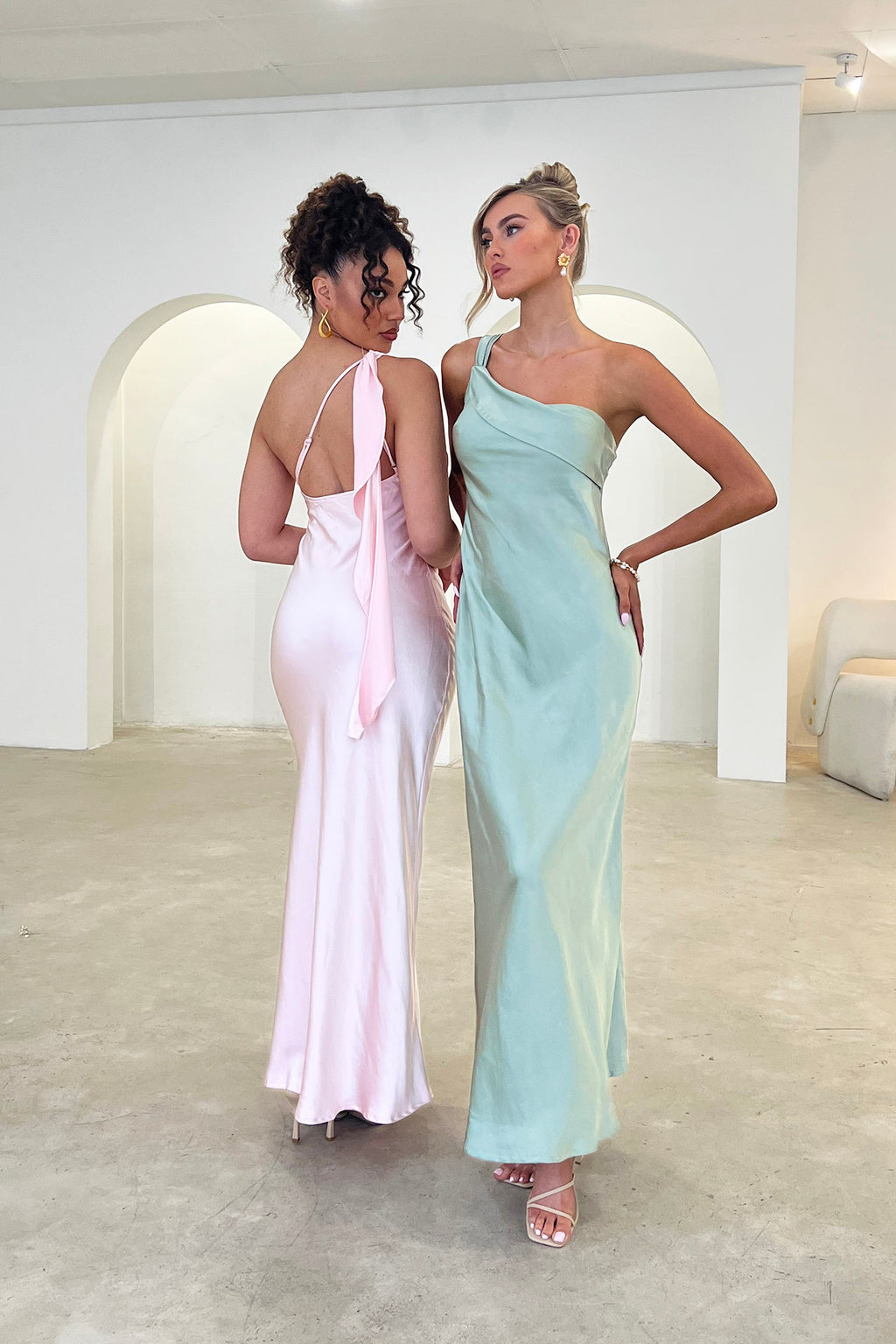 Carmel One-Shoulder Sash Maxi Dress Blush by Selfie Leslie