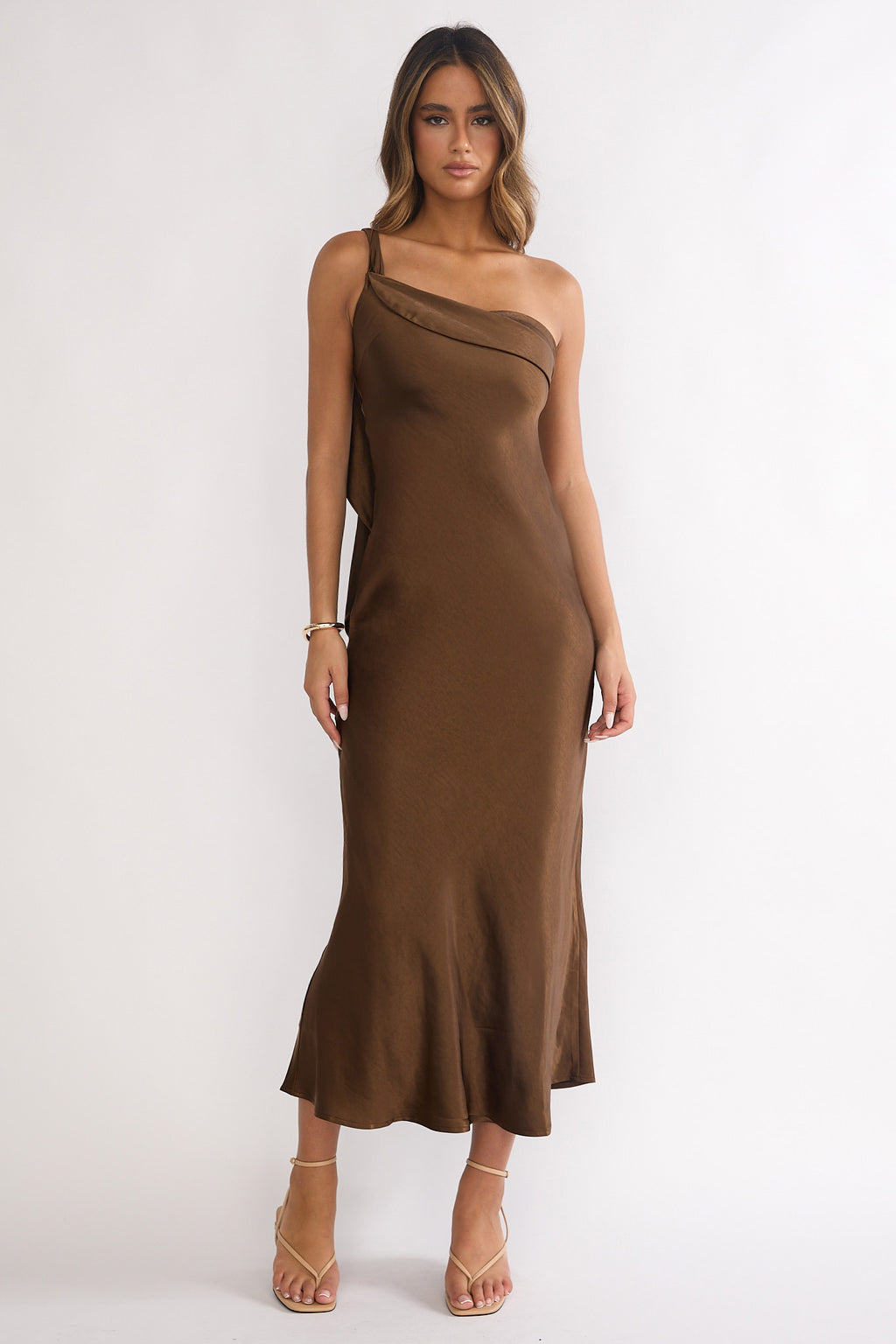 Carmel One-Shoulder Sash Maxi Dress Chocolate by Selfie Leslie