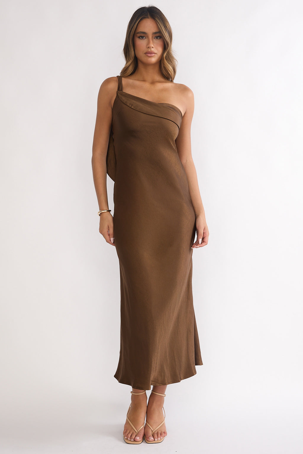 Carmel One-Shoulder Sash Maxi Dress Chocolate by Selfie Leslie
