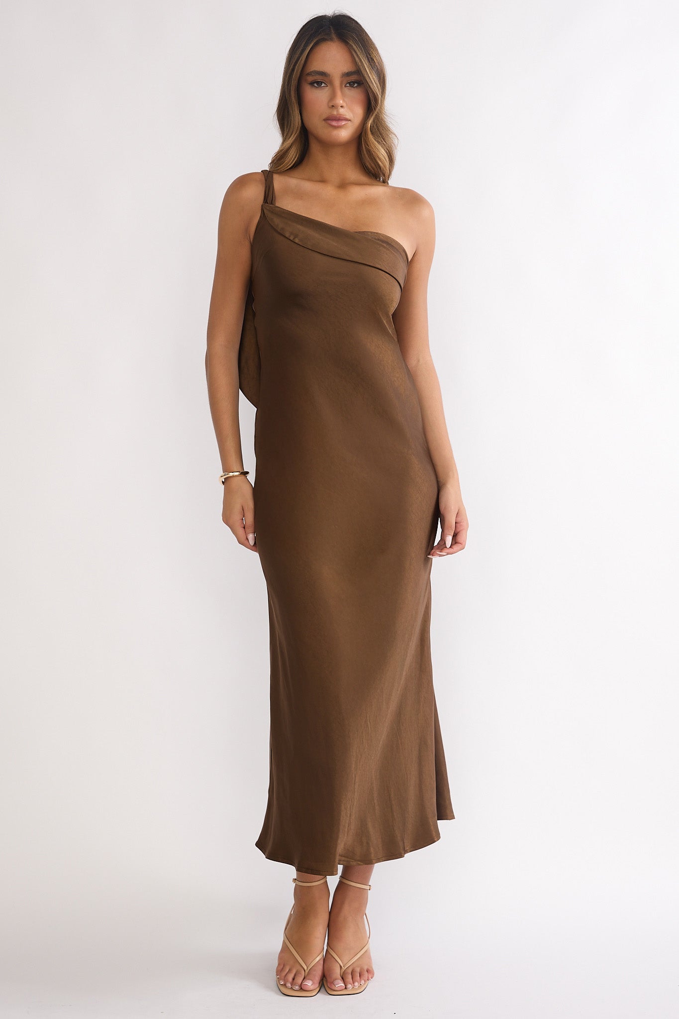 Carmel One-Shoulder Sash Maxi Dress Chocolate by Selfie Leslie