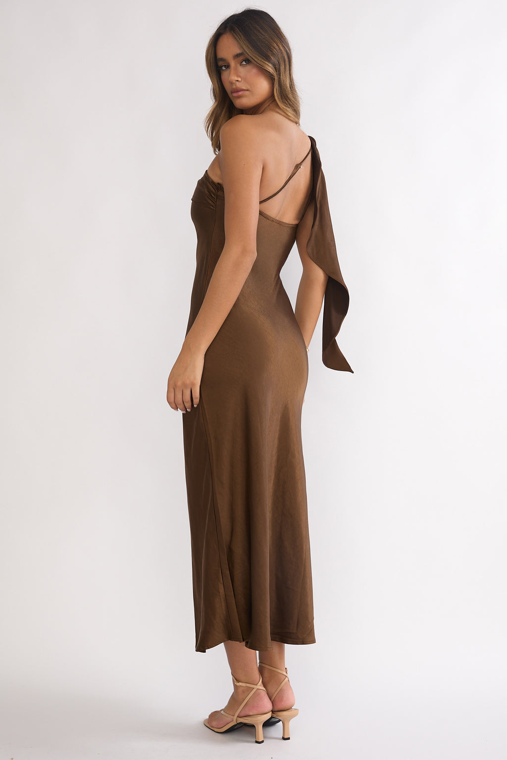 carmel one-shoulder sash maxi dress butter Carmel One-Shoulder Sash Maxi Dress Chocolate