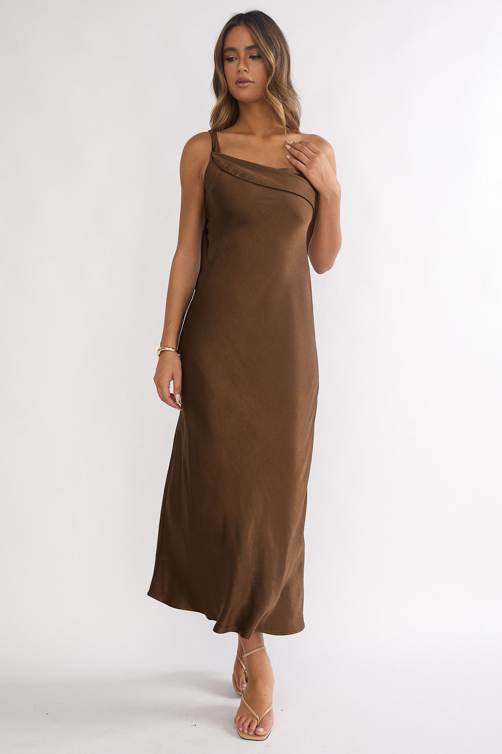 Carmel One-Shoulder Sash Maxi Dress Chocolate by Selfie Leslie