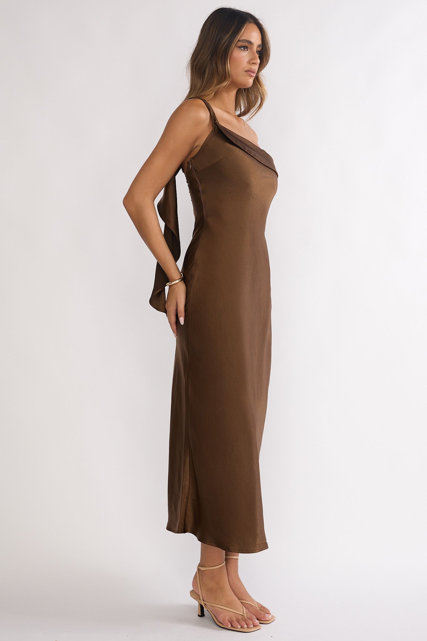 Carmel One-Shoulder Sash Maxi Dress Chocolate by Selfie Leslie