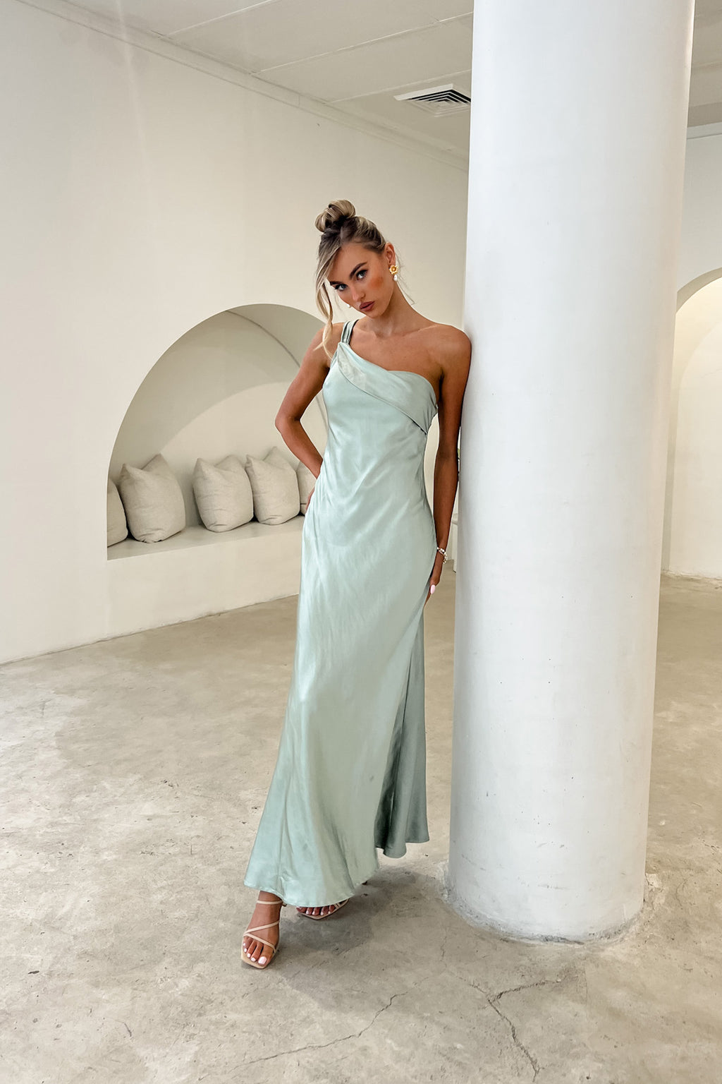 Carmel One-Shoulder Sash Maxi Dress Sage Carmel One-Shoulder Sash Maxi Dress Sage