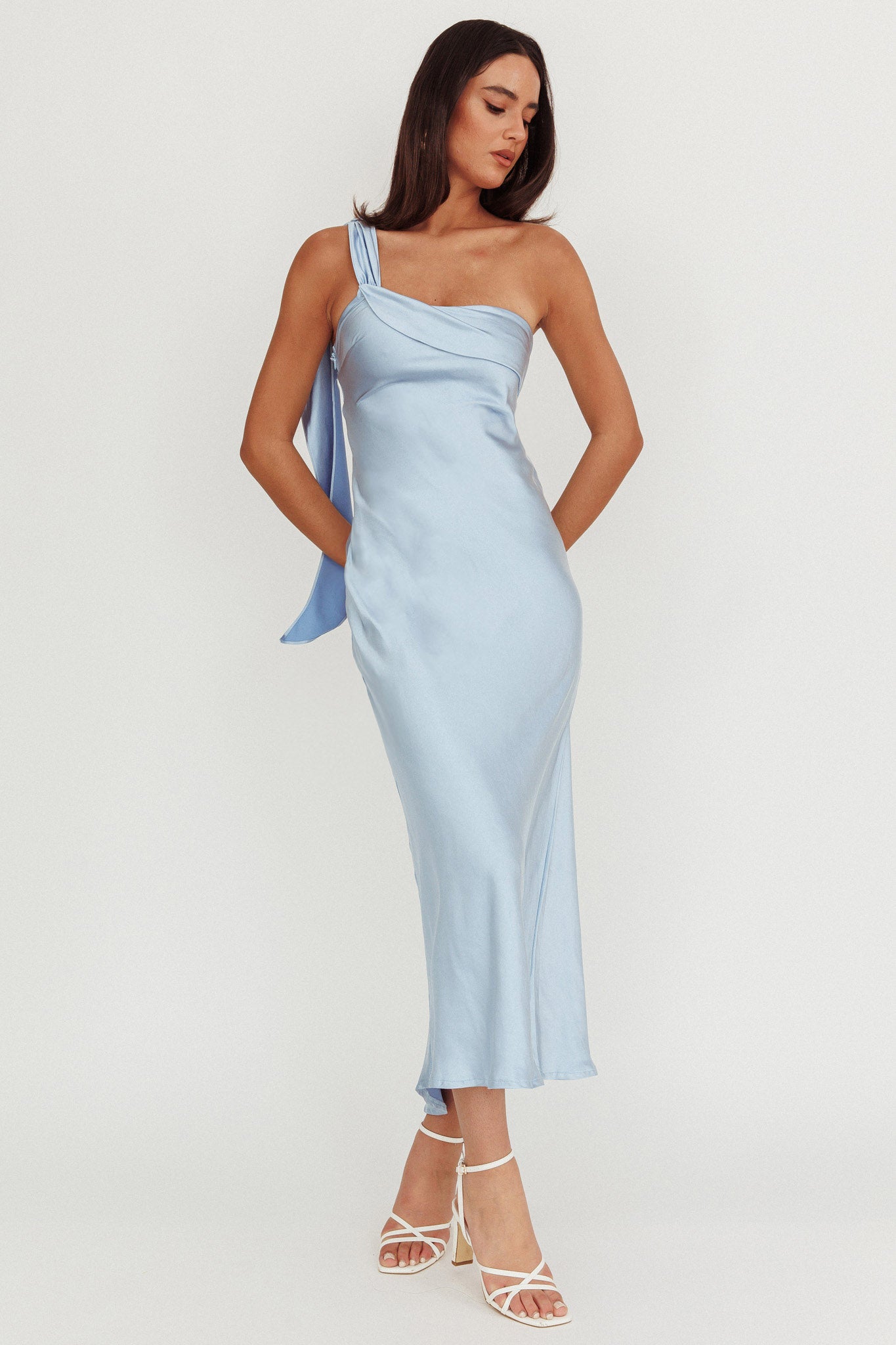 Shop the Carmel One-Shoulder Sash Maxi Dress Baby Blue