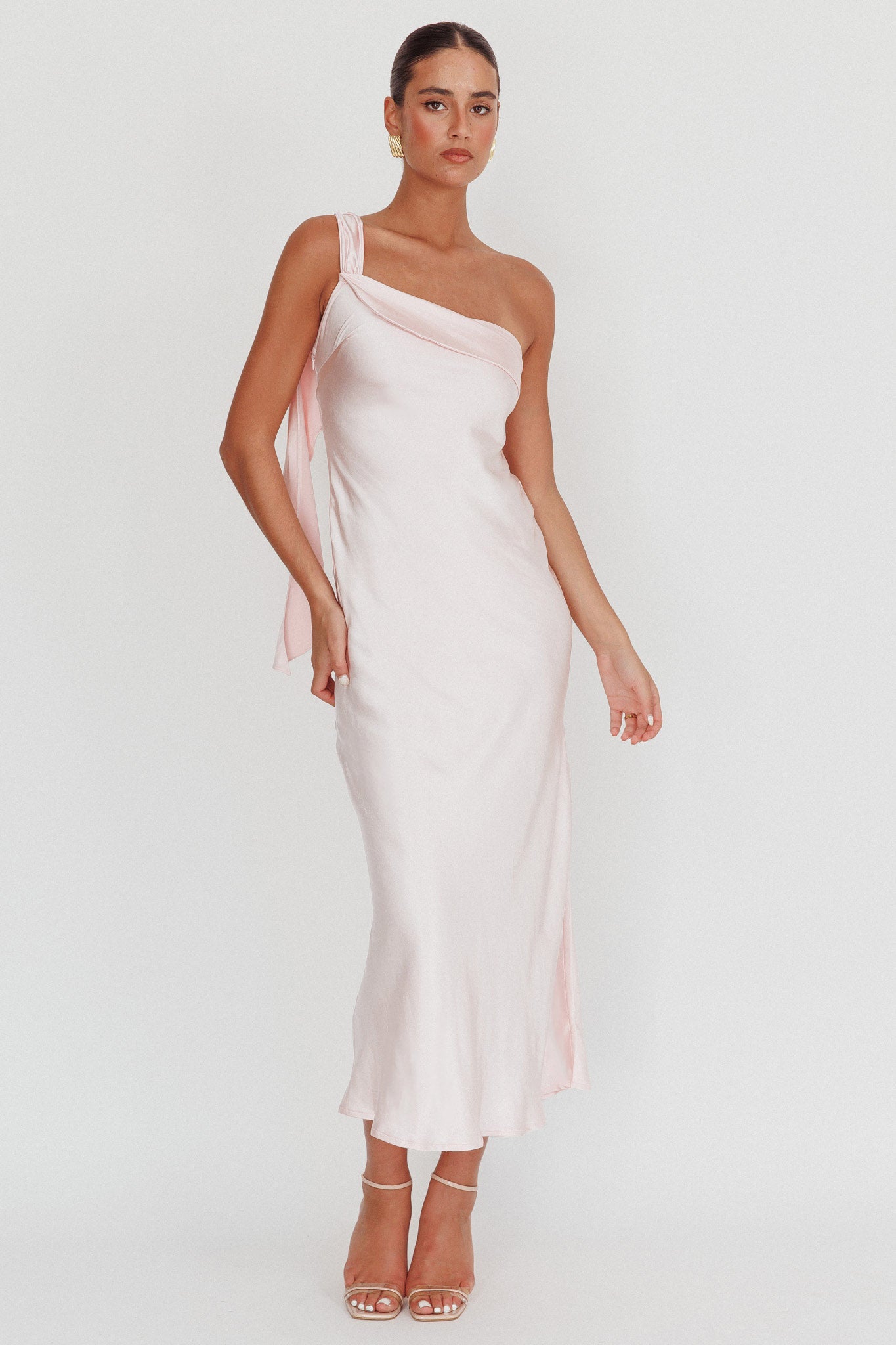 Carmel One-Shoulder Sash Maxi Dress Blush by Selfie Leslie