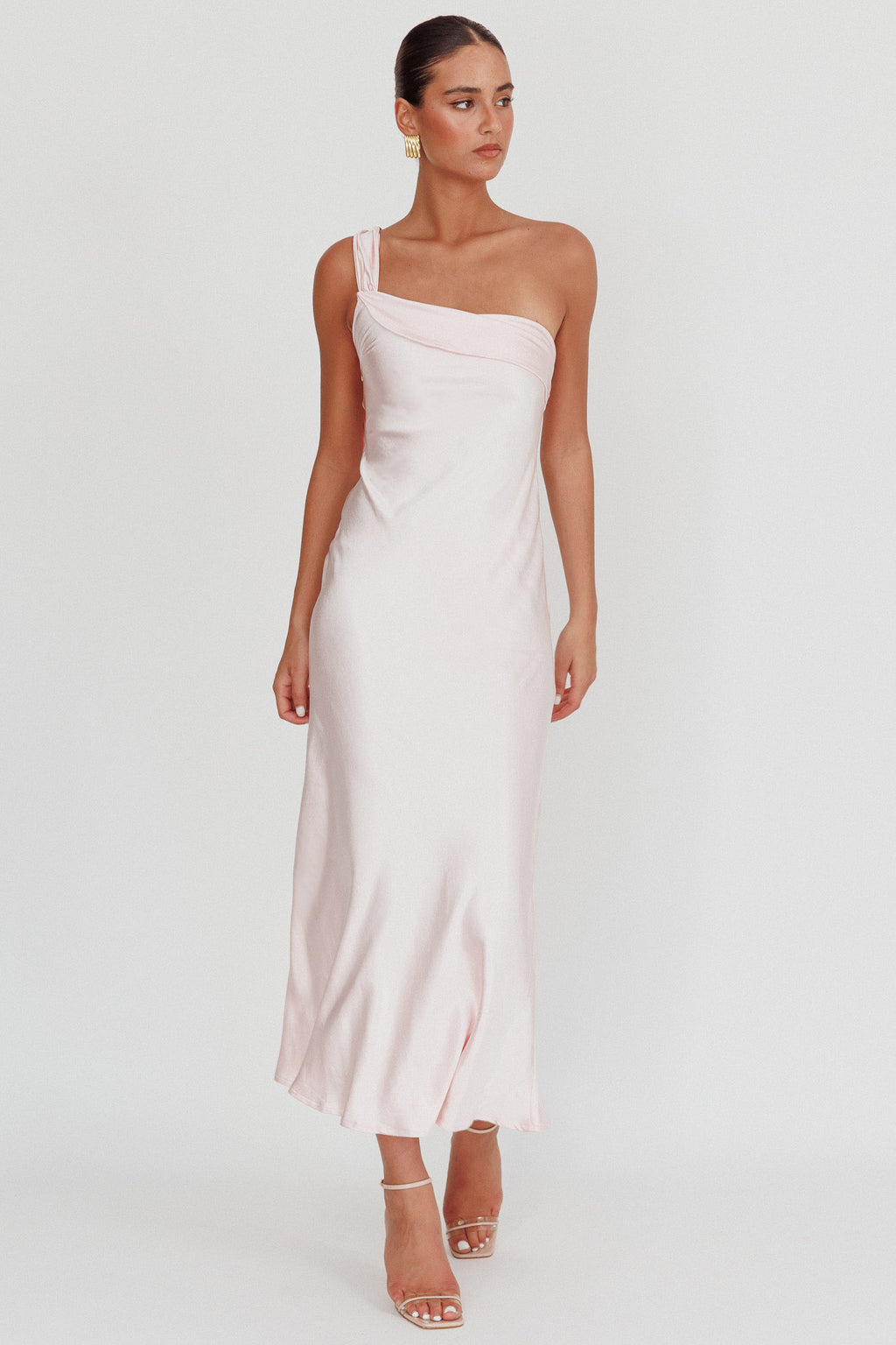 Carmel One-Shoulder Sash Maxi Dress Blush by Selfie Leslie