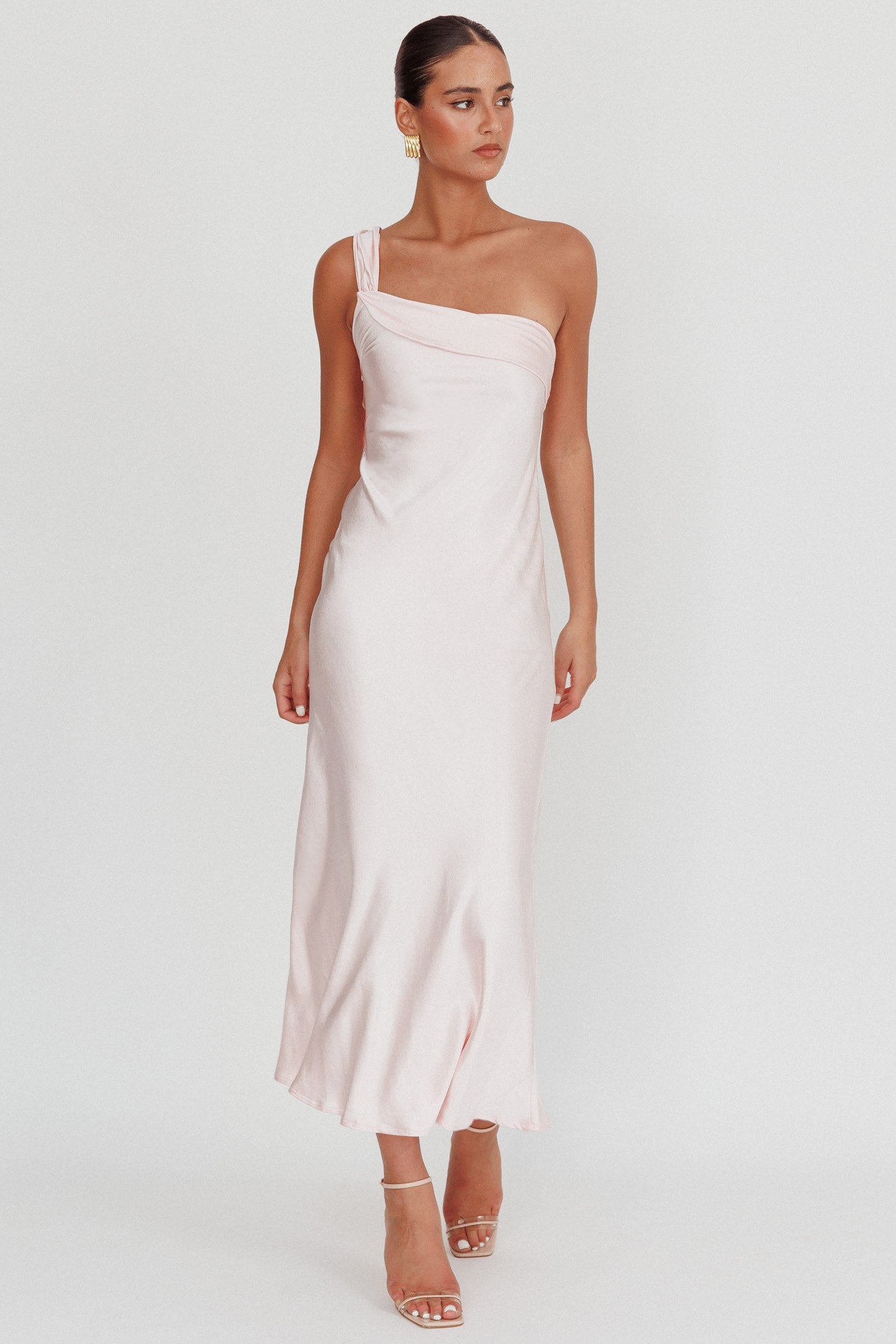 Carmel One-Shoulder Sash Maxi Dress Blush by Selfie Leslie