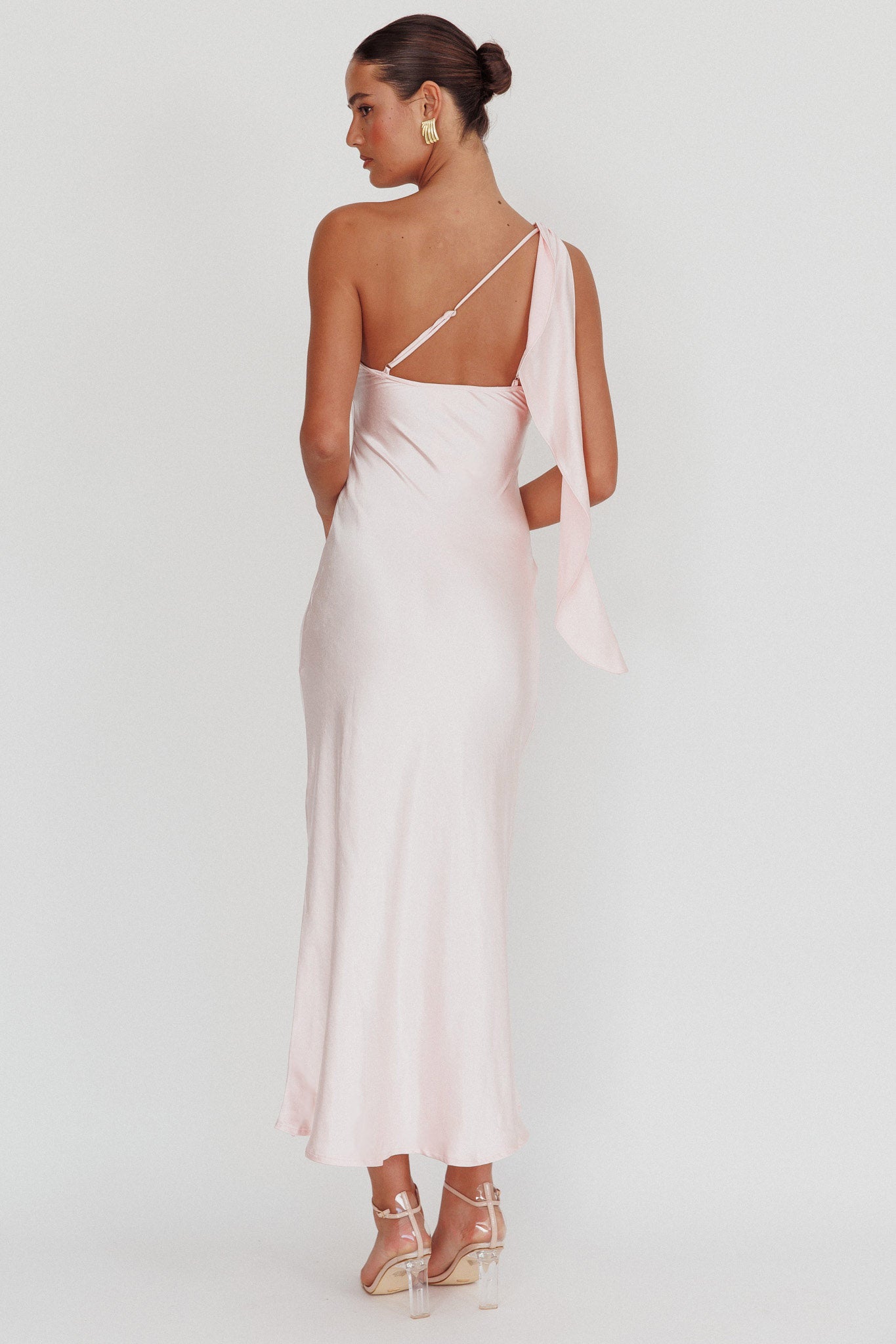 Carmel One-Shoulder Sash Maxi Dress Blush by Selfie Leslie