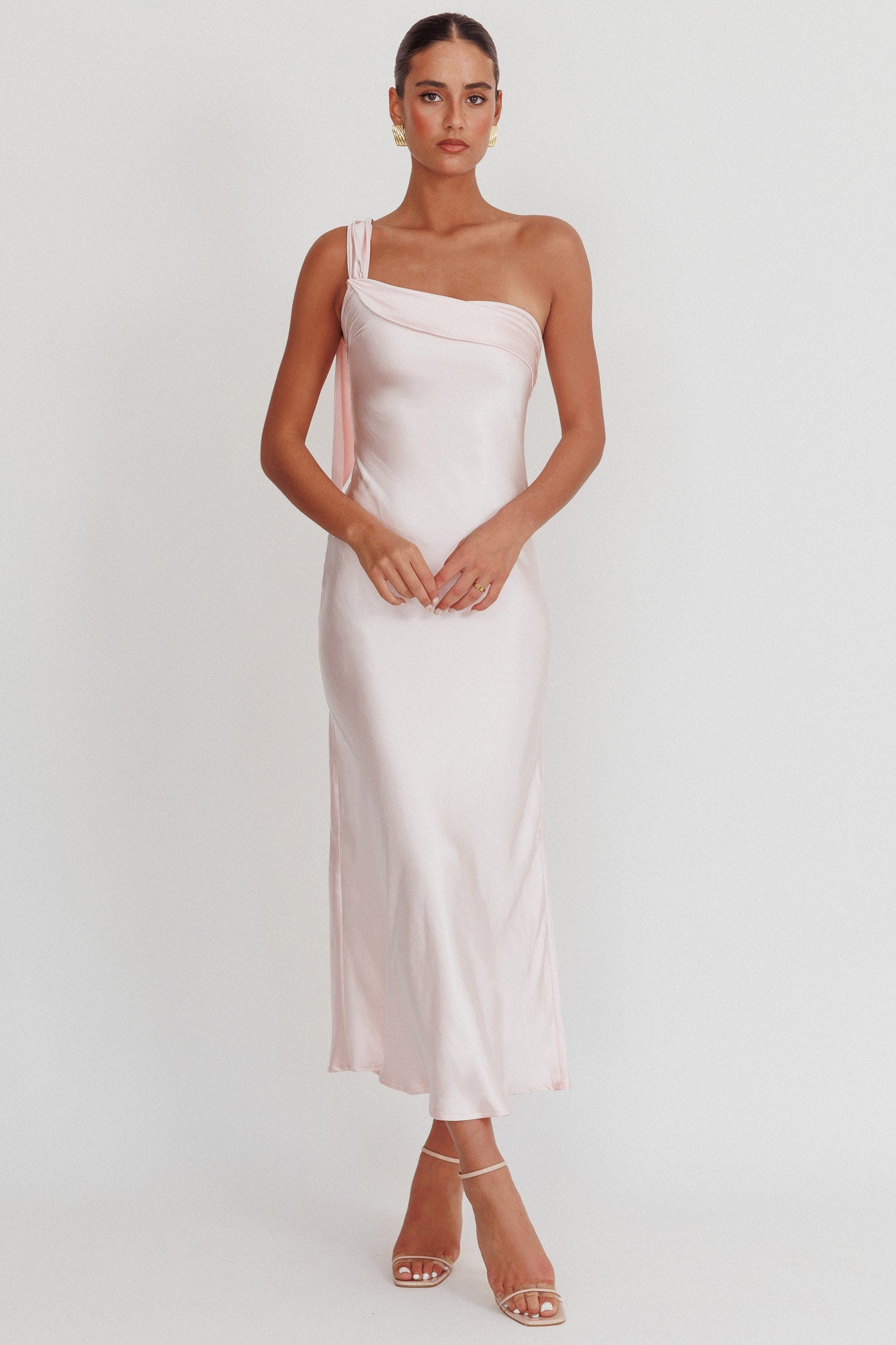 Carmel One-Shoulder Sash Maxi Dress Blush by Selfie Leslie