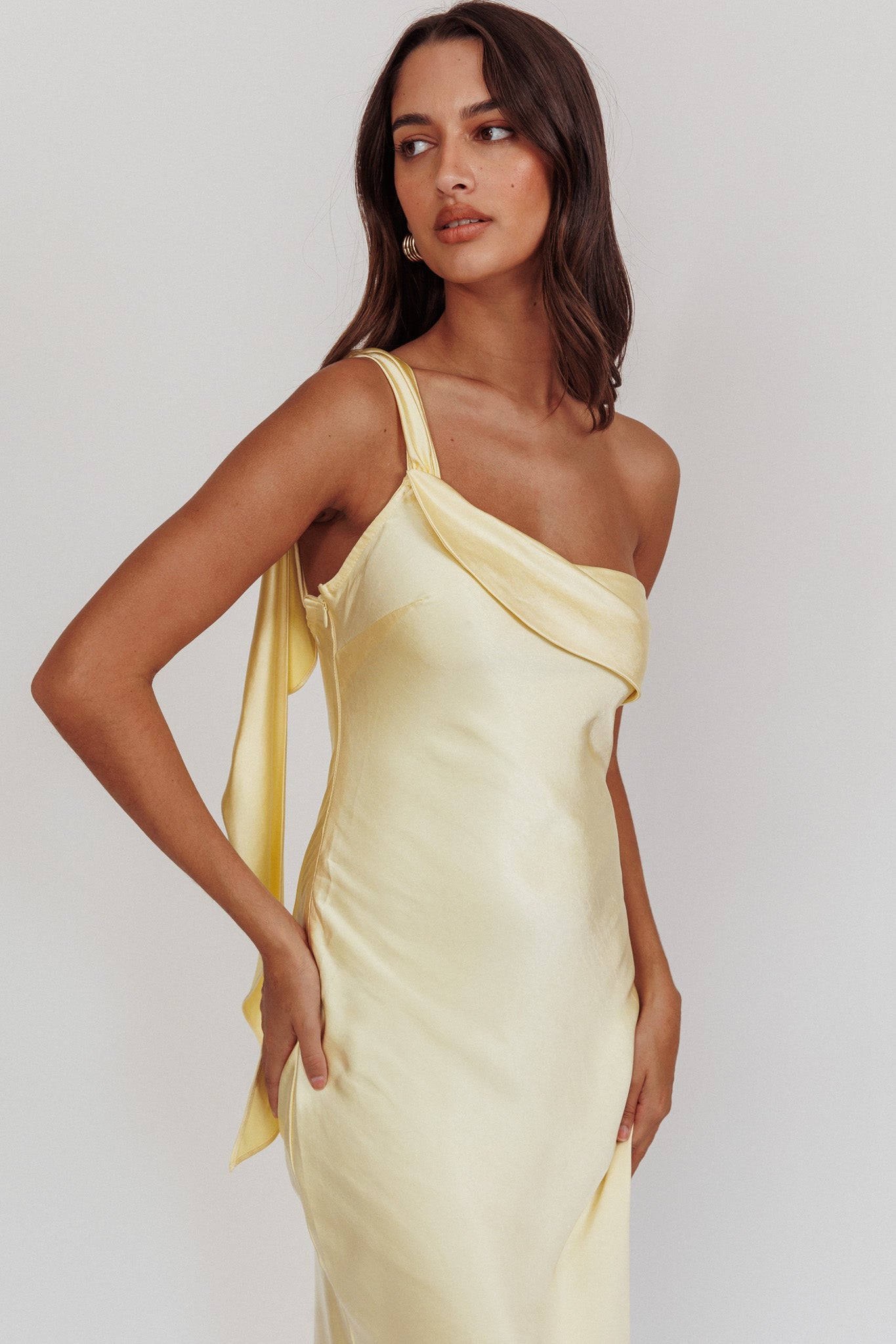 Carmel One-Shoulder Sash Maxi Dress Butter by Selfie Leslie