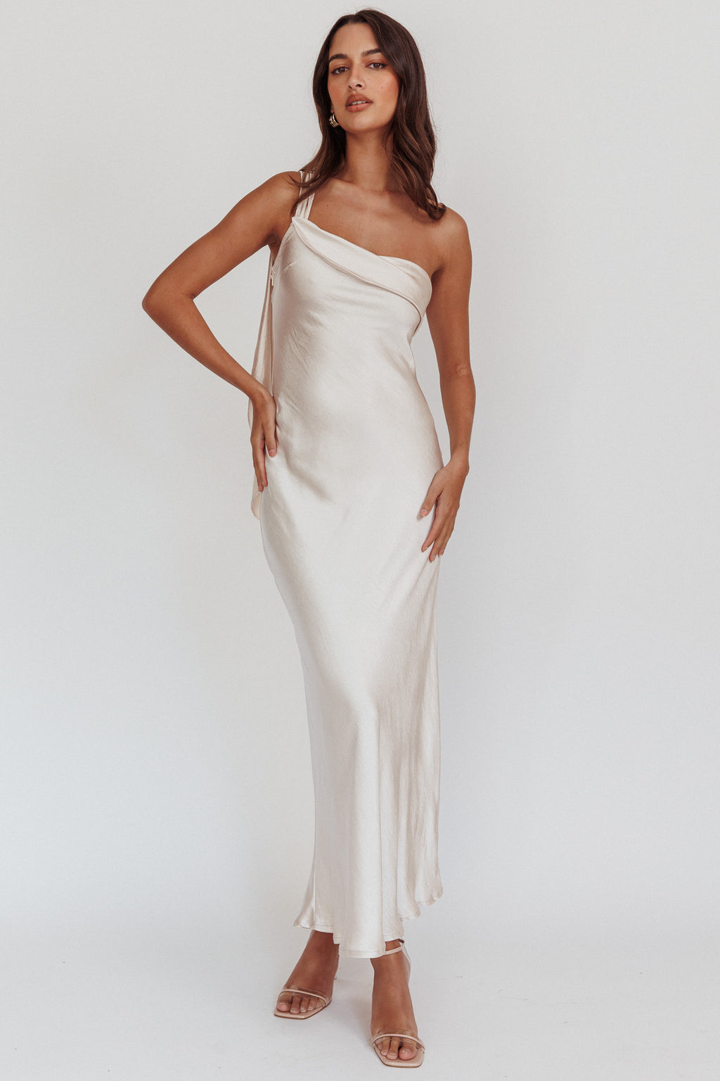 Carmel One-Shoulder Sash Maxi Dress Champagne by Selfie Leslie