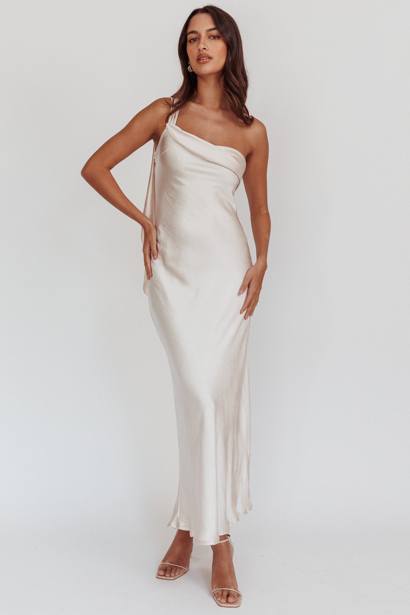 Carmel One-Shoulder Sash Maxi Dress Champagne by Selfie Leslie