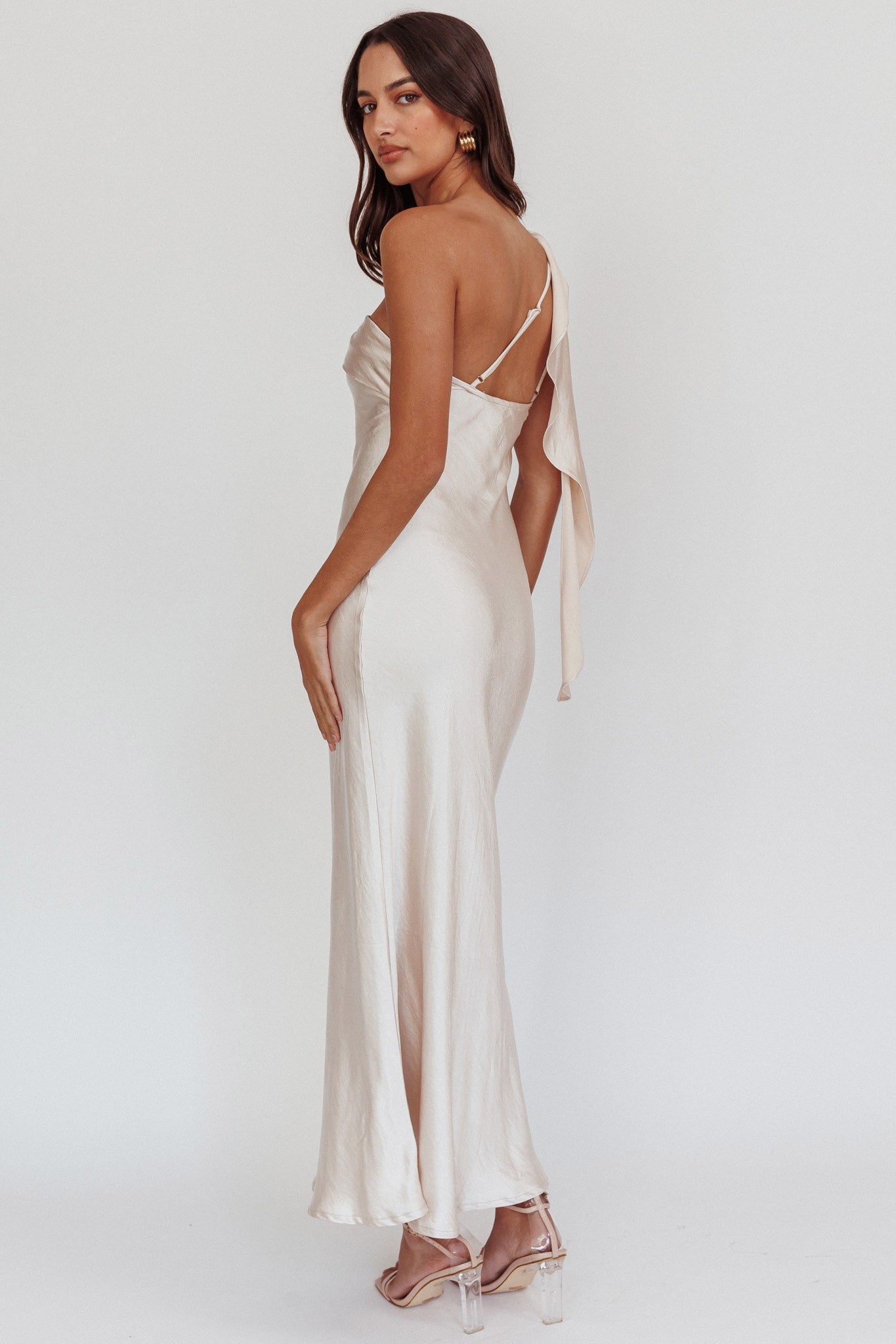 Carmel One-Shoulder Sash Maxi Dress Champagne Selfie Leslie Carmel One-Shoulder Sash Maxi Dress Champagne Selfie Leslie
