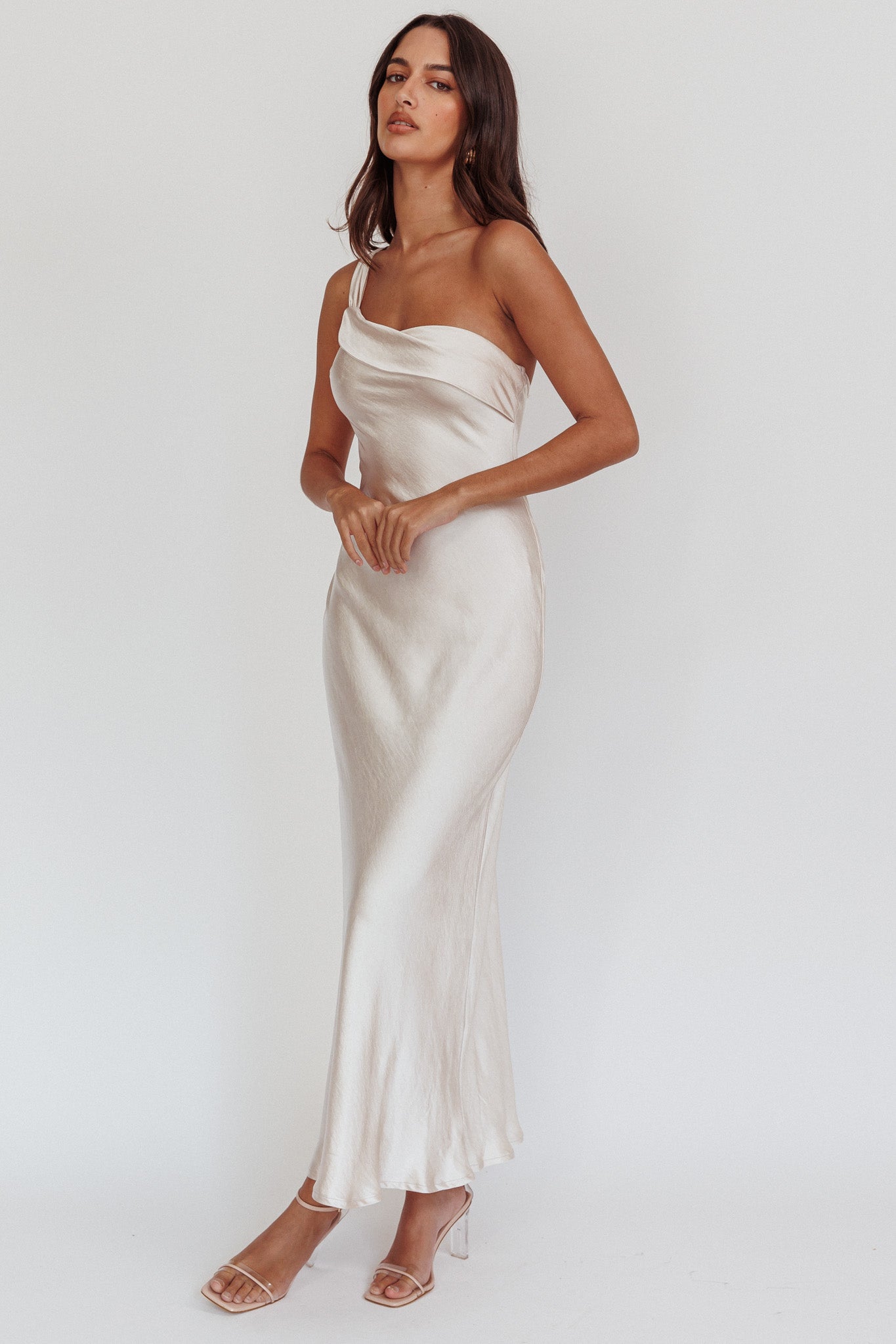 Carmel One-Shoulder Sash Maxi Dress Champagne by Selfie Leslie