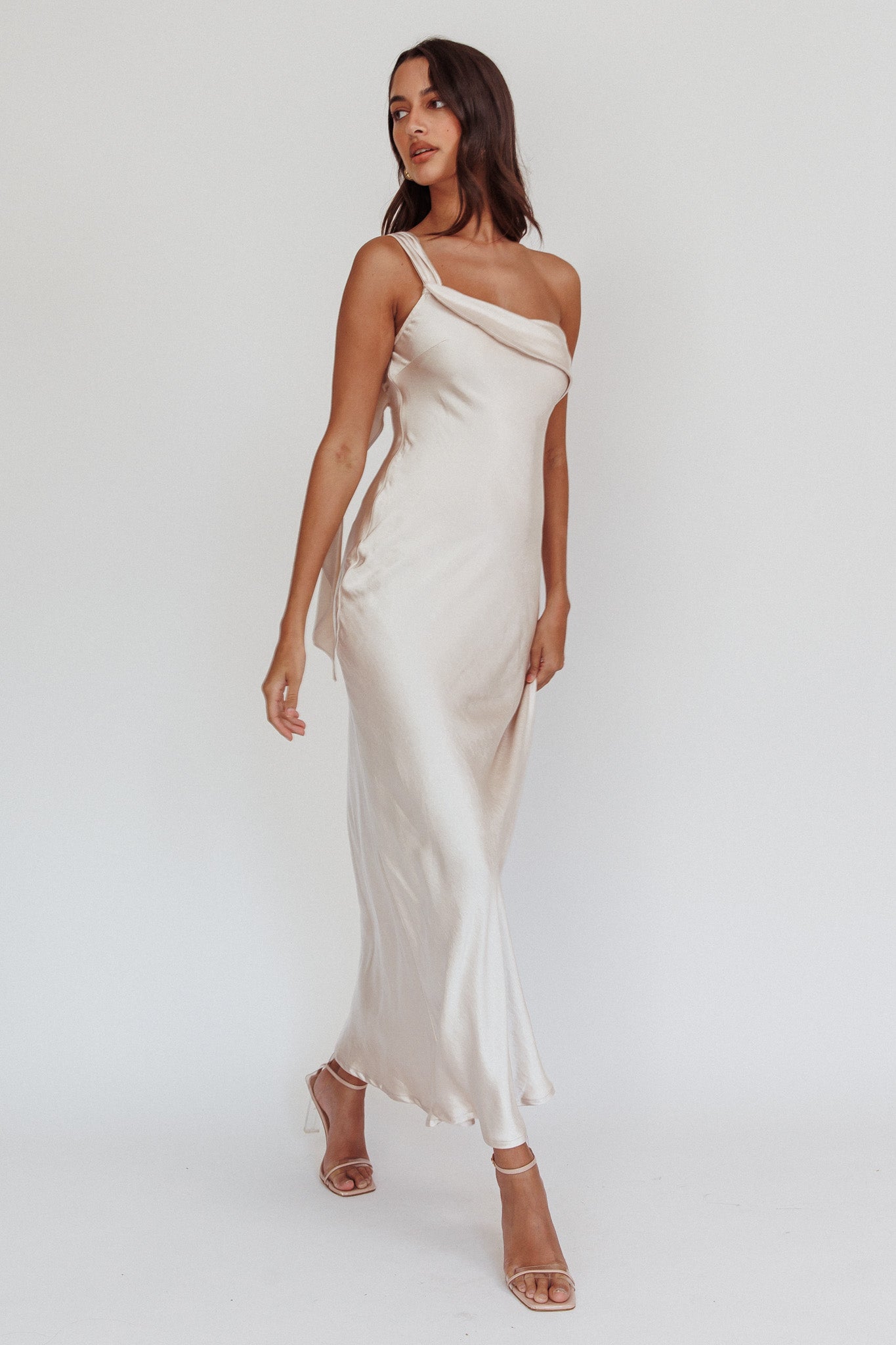 Carmel One-Shoulder Sash Maxi Dress Champagne by Selfie Leslie