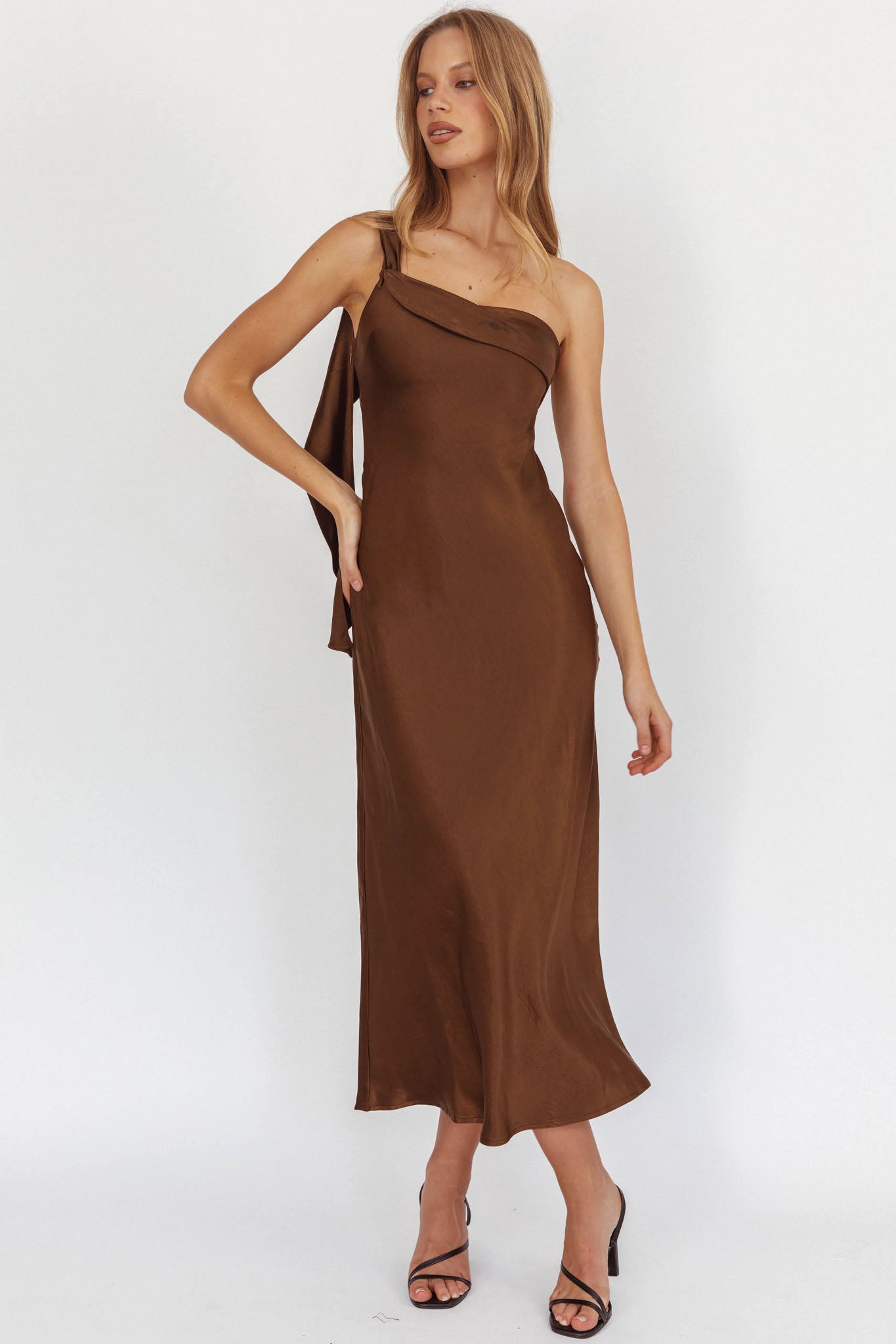 Carmel One-Shoulder Sash Maxi Dress Chocolate by Selfie Leslie