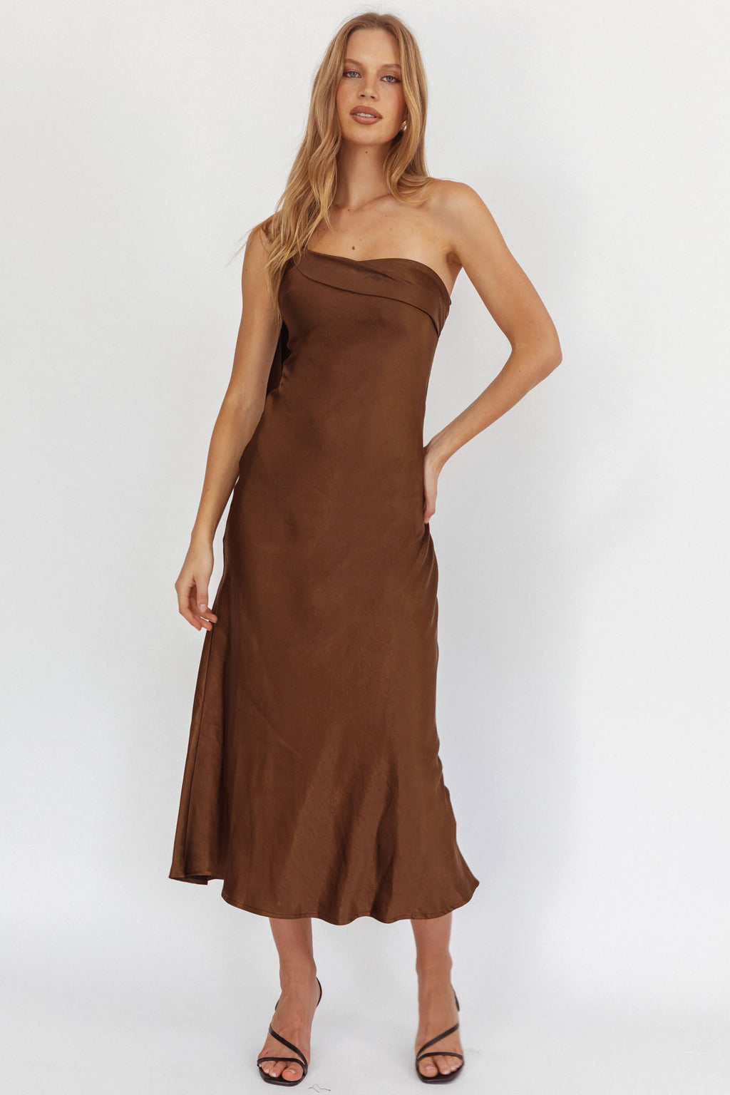 Carmel One-Shoulder Sash Maxi Dress Chocolate by Selfie Leslie