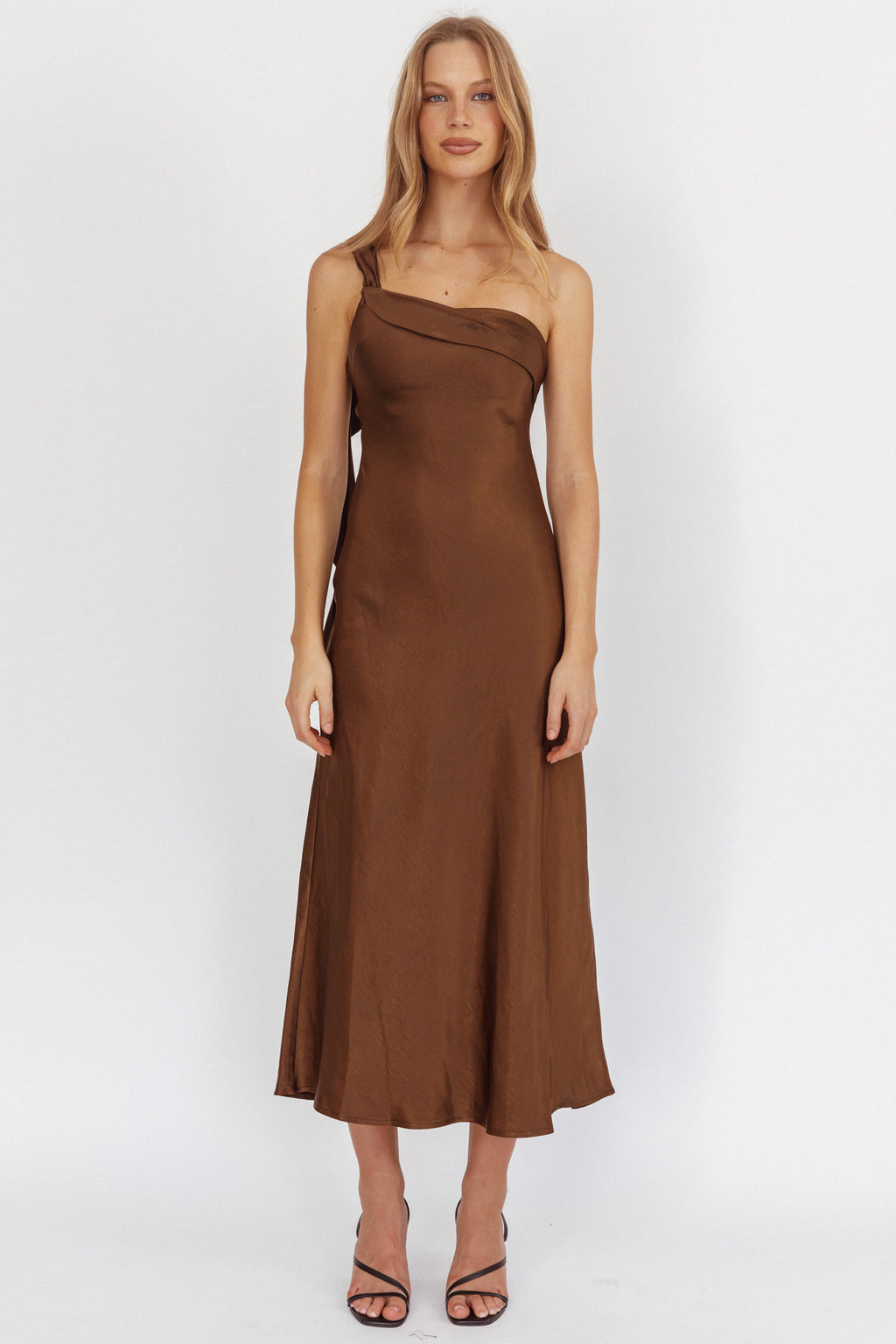 Carmel One-Shoulder Sash Maxi Dress Chocolate by Selfie Leslie