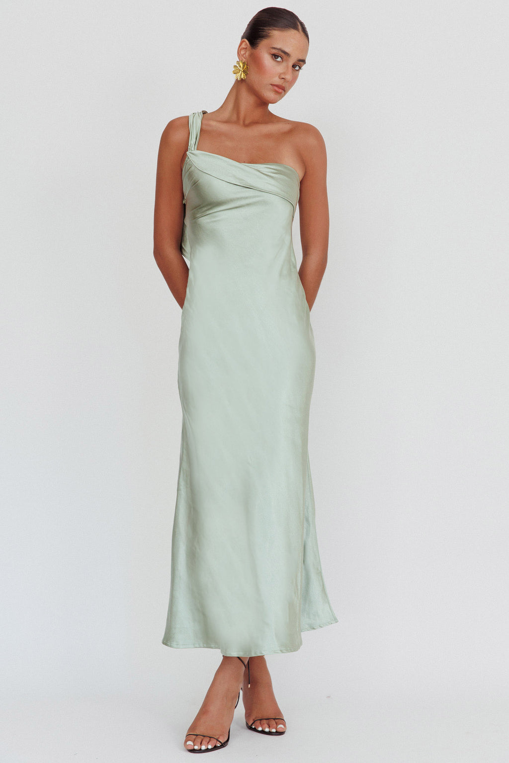 Carmel One-Shoulder Sash Maxi Dress Sage by Selfie Leslie