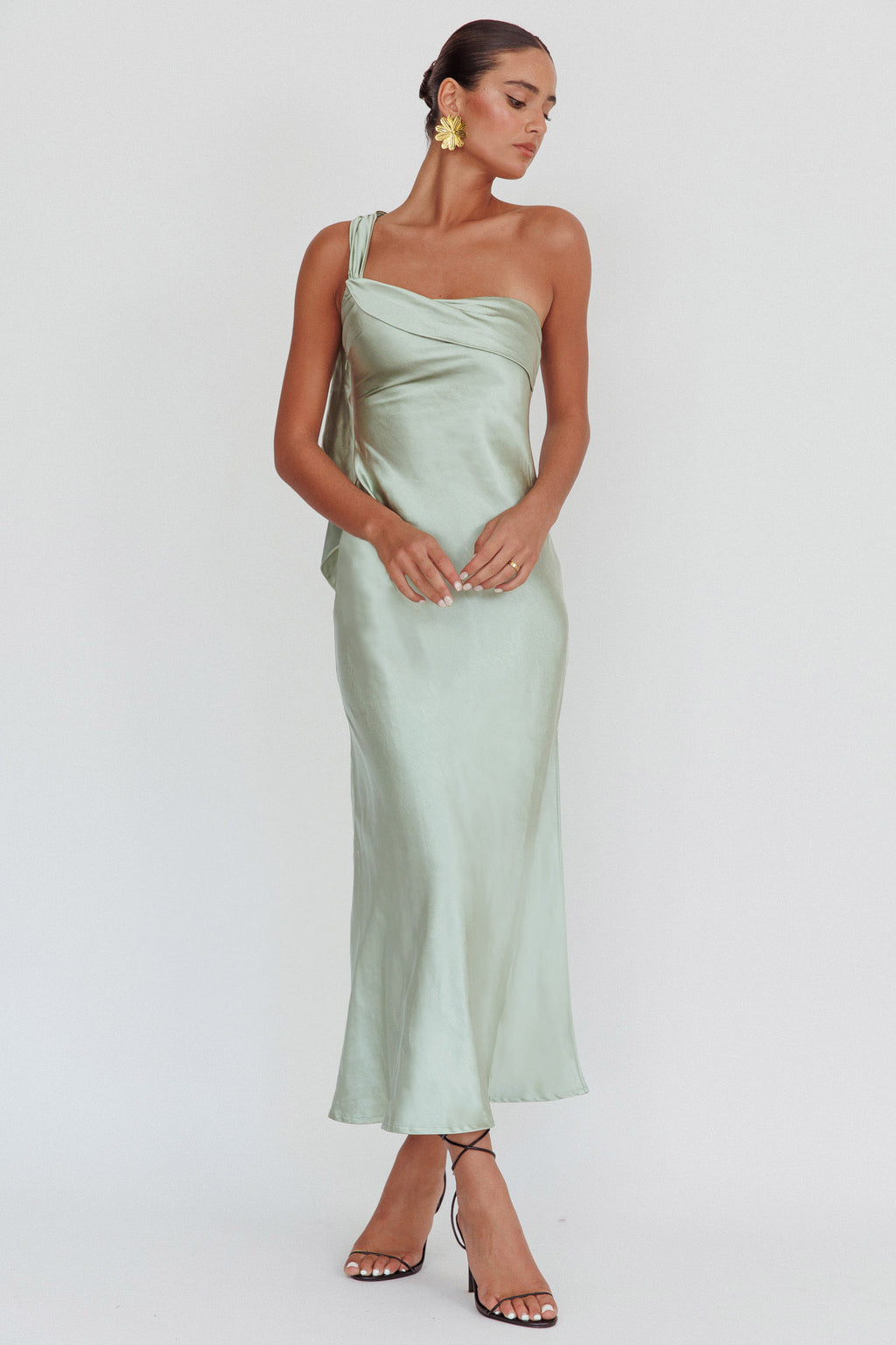 Carmel One-Shoulder Sash Maxi Dress Sage by Selfie Leslie