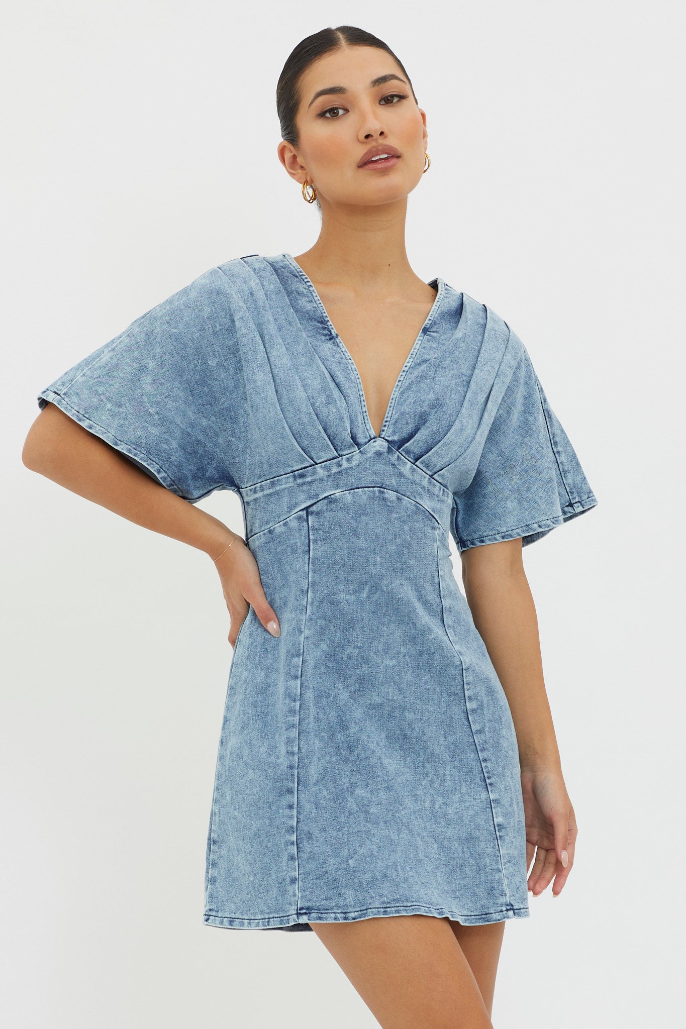 Jessika Pleated Bust Mini Dress Denim Blue by Selfie Leslie
