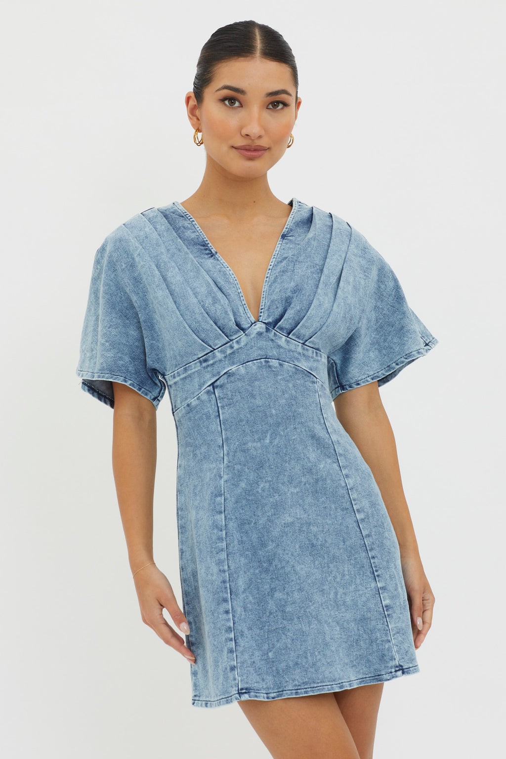 Jessika Pleated Bust Mini Dress Denim Blue by Selfie Leslie