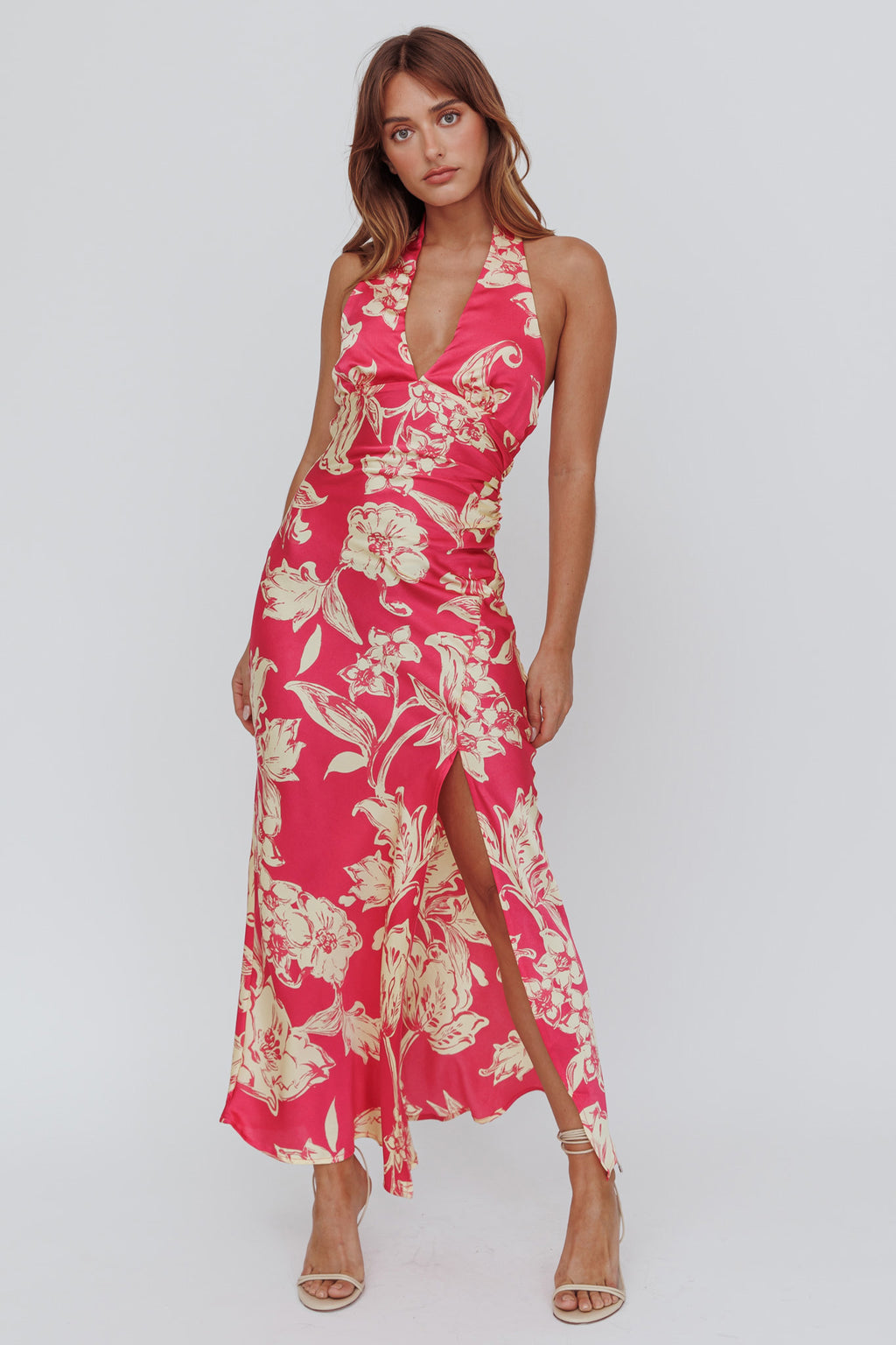 Brighter Days Halterneck Split Midi Dress Fuchsia by Selfie Leslie