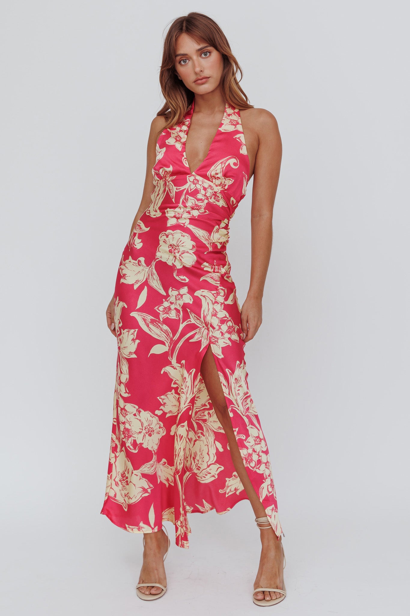 Brighter Days Halterneck Split Midi Dress Fuchsia by Selfie Leslie