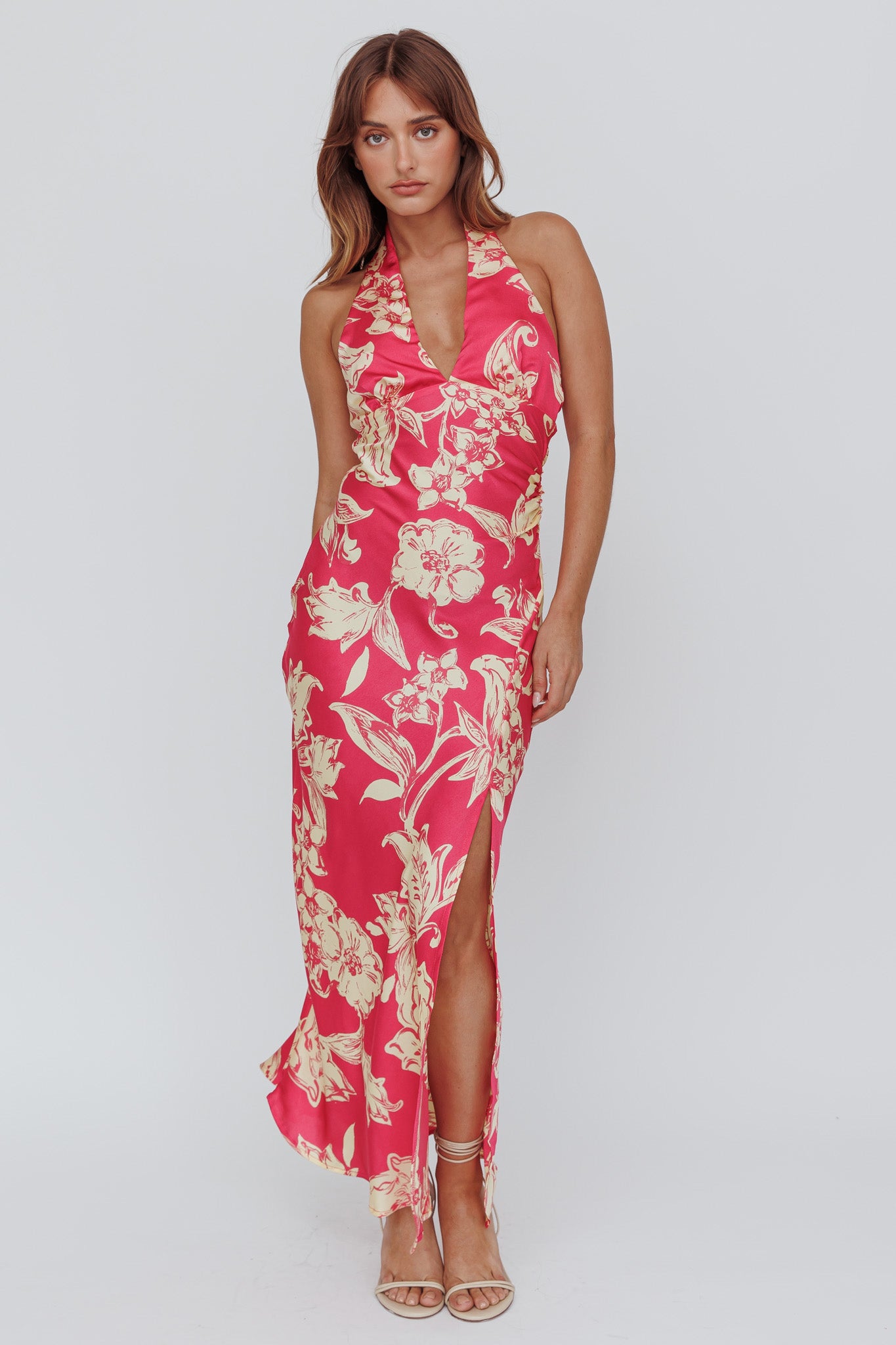 Brighter Days Halterneck Split Midi Dress Fuchsia by Selfie Leslie