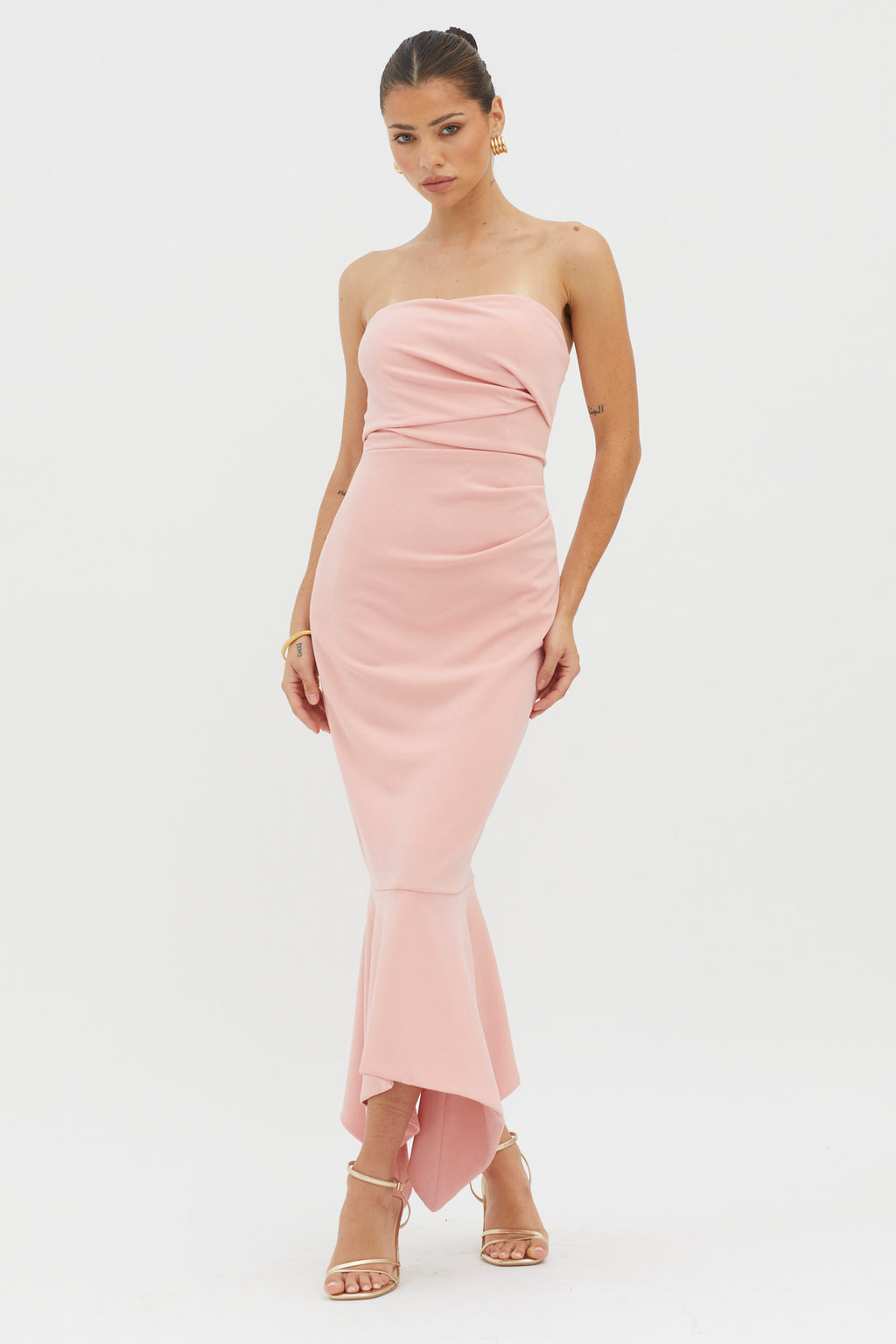 Sharona Strapless Gathered Midi Dress Blush by Selfie Leslie