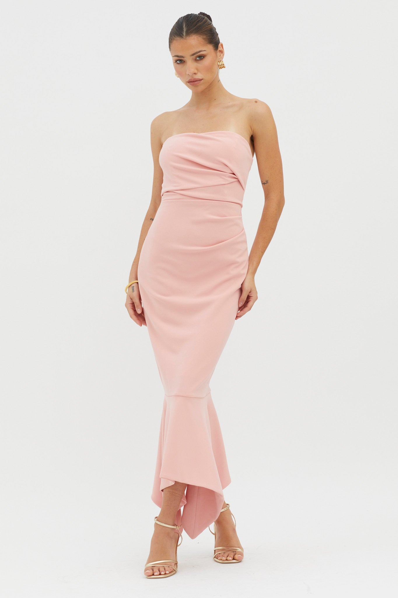 Sharona Strapless Gathered Midi Dress Blush by Selfie Leslie