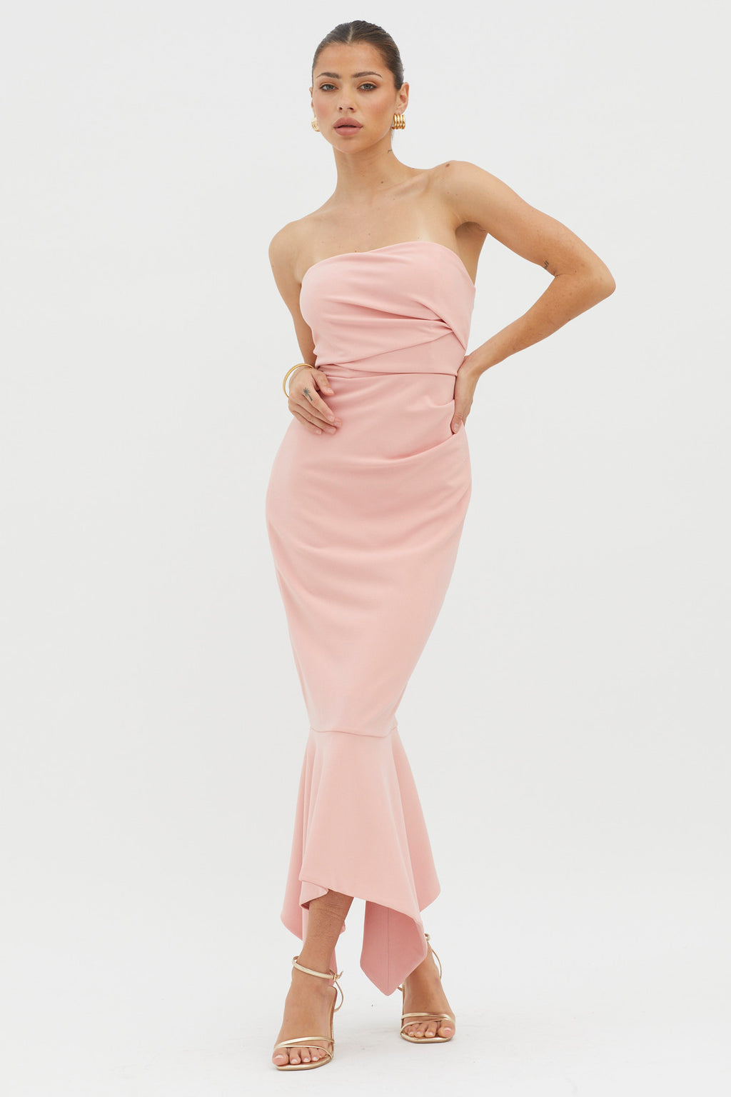 Sharona Strapless Gathered Midi Dress Blush by Selfie Leslie