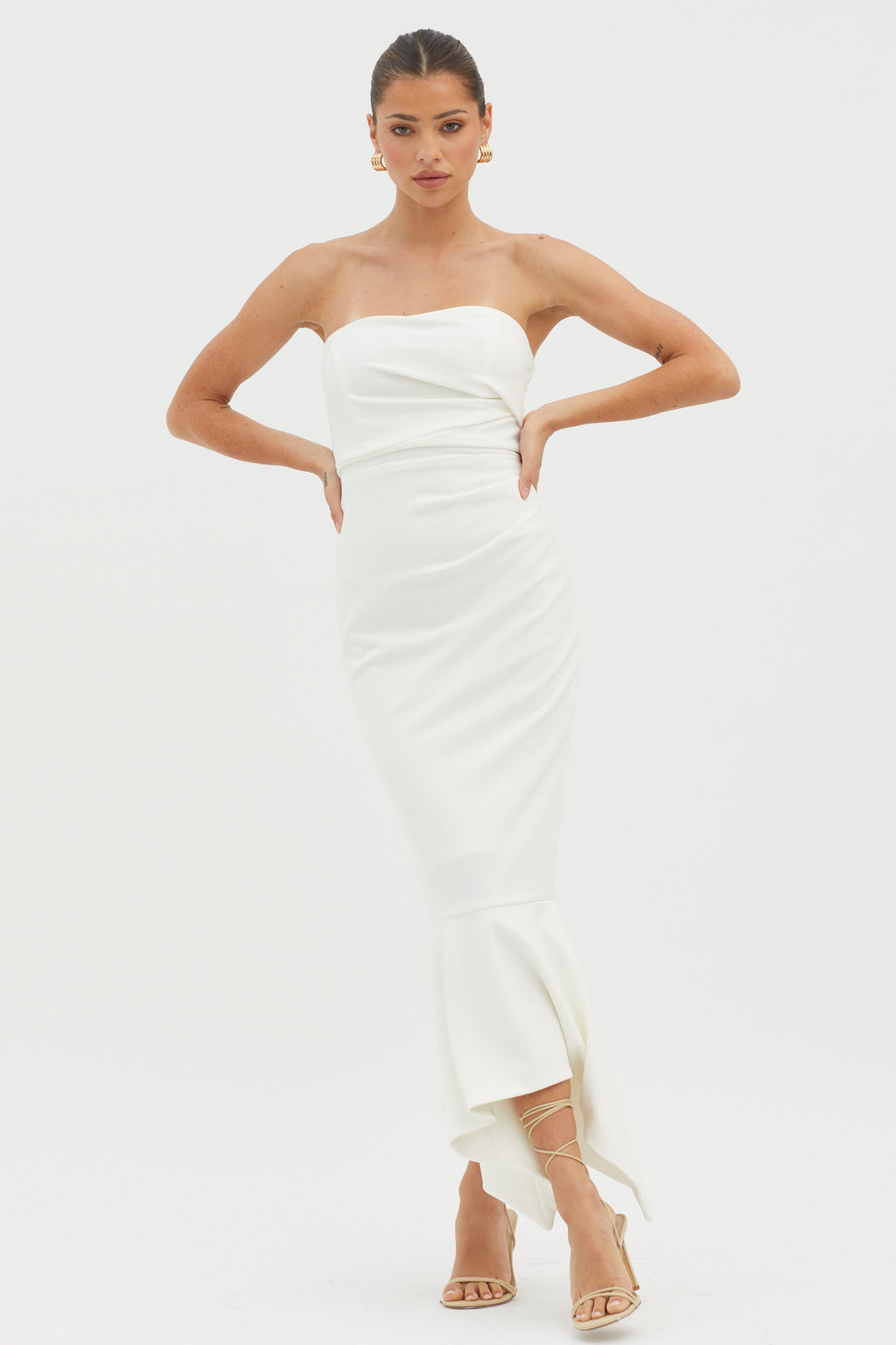Sharona Strapless Gathered Midi Dress White by Selfie Leslie