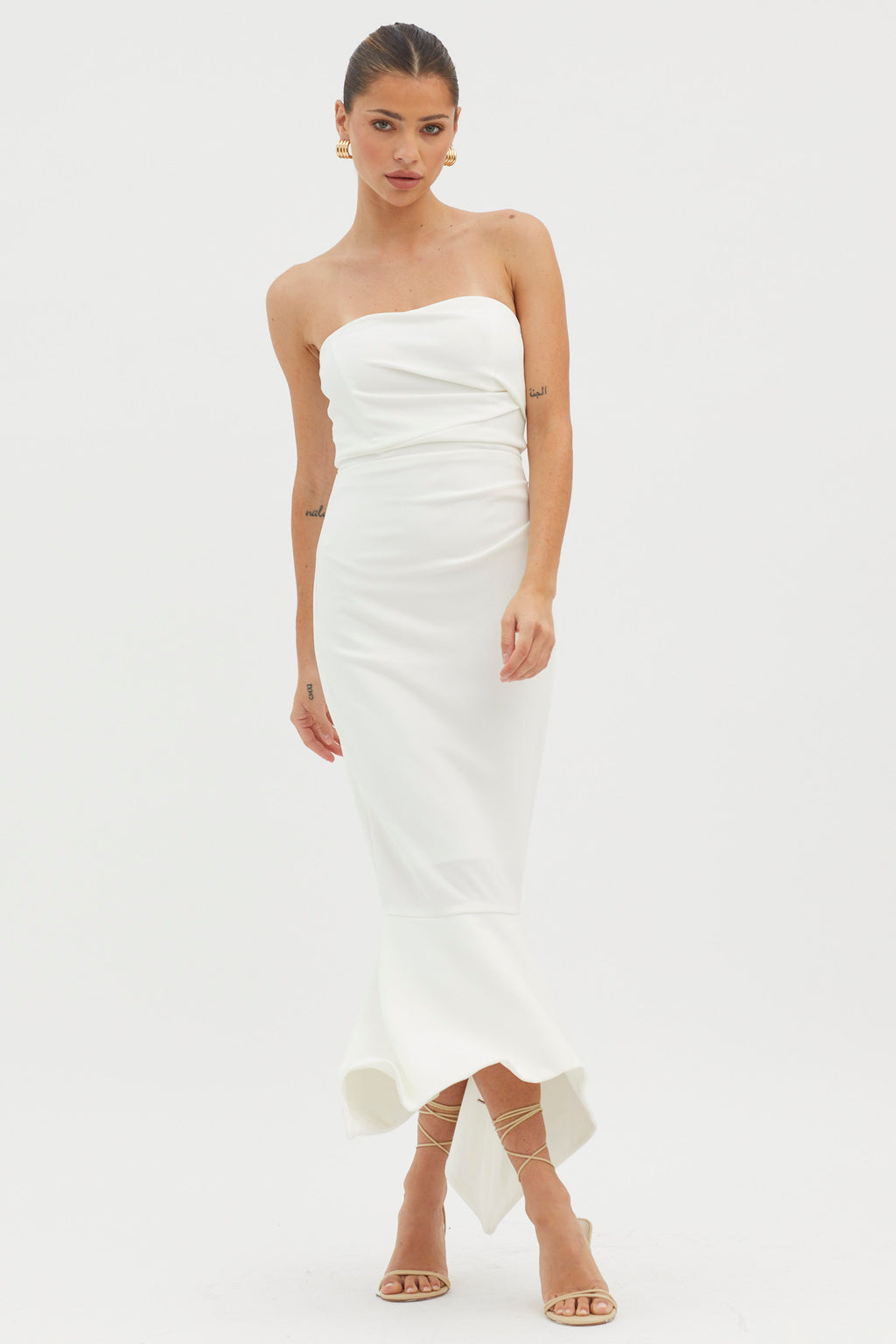 Sharona Strapless Gathered Midi Dress White by Selfie Leslie
