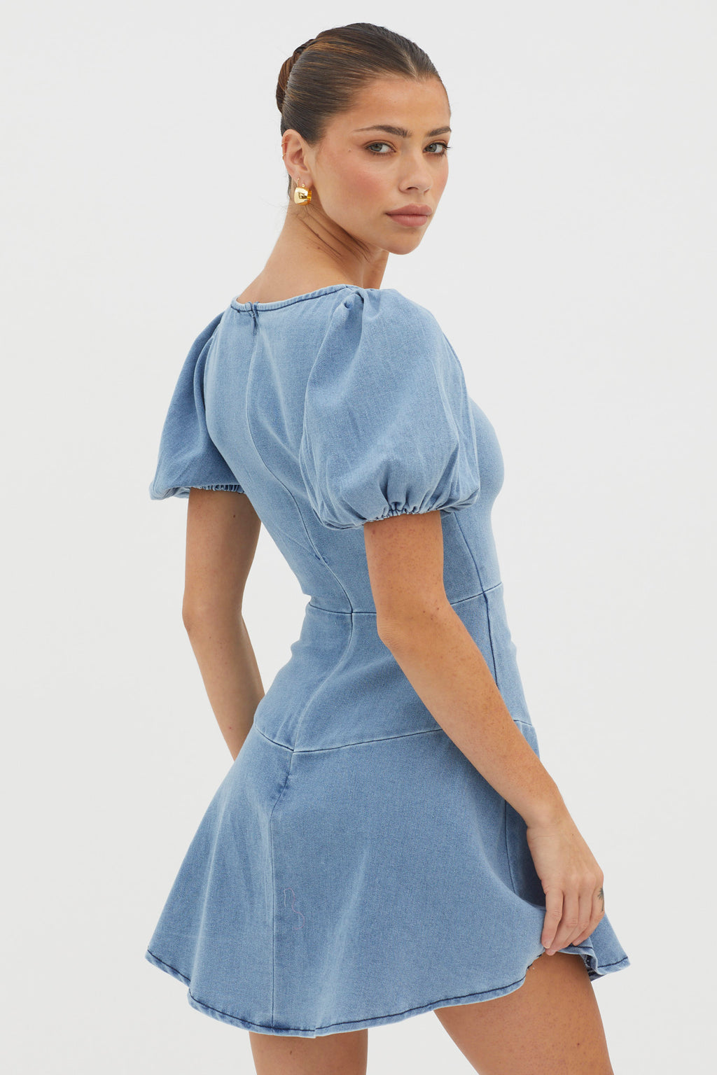 New Heights Puff Sleeve Mini Dress Denim Blue by Selfie Leslie