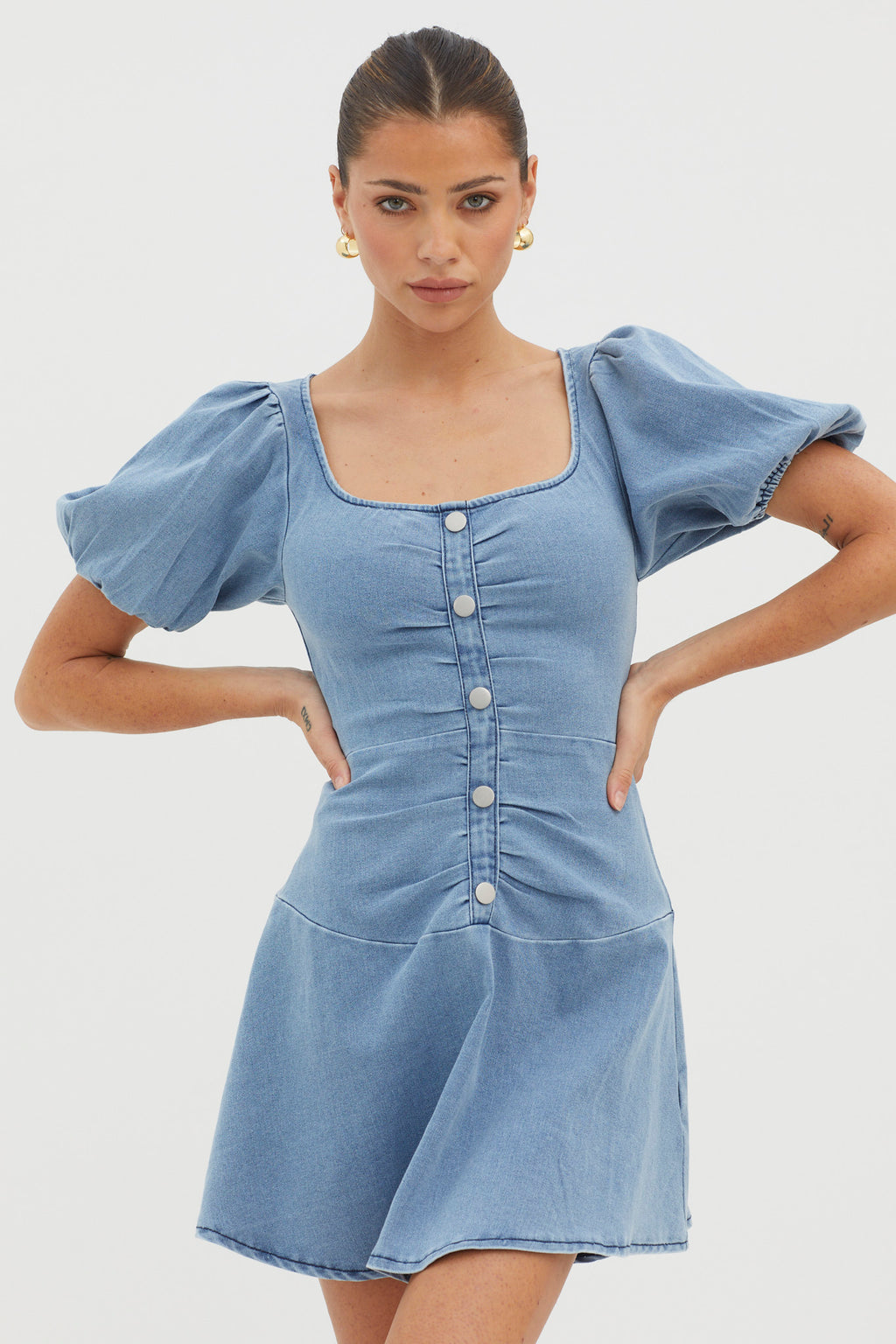New Heights Puff Sleeve Mini Dress Denim Blue by Selfie Leslie
