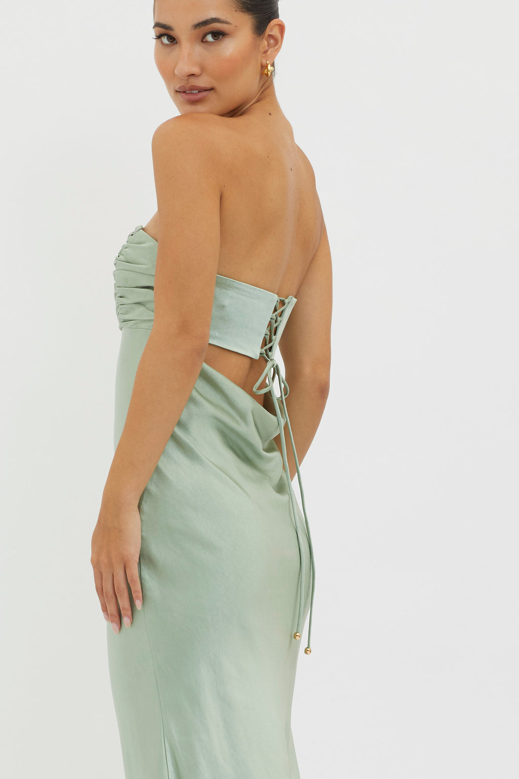 Moon Song Strapless Laced Back Dress Matcha by Selfie Leslie