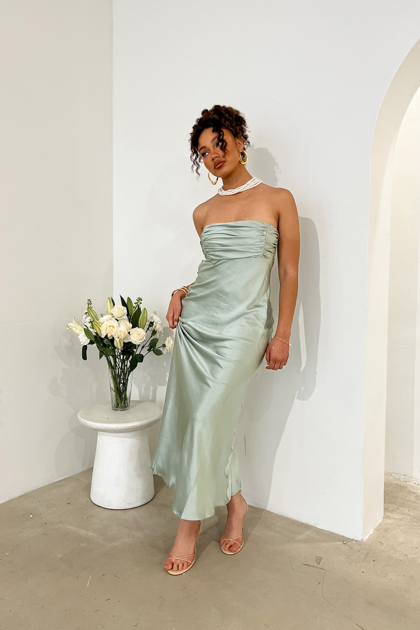 Moon Song Strapless Laced Back Dress Matcha by Selfie Leslie