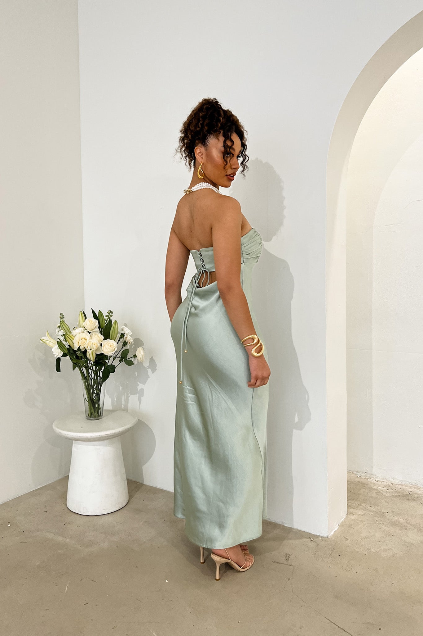 Moon Song Strapless Laced Back Dress Matcha by Selfie Leslie