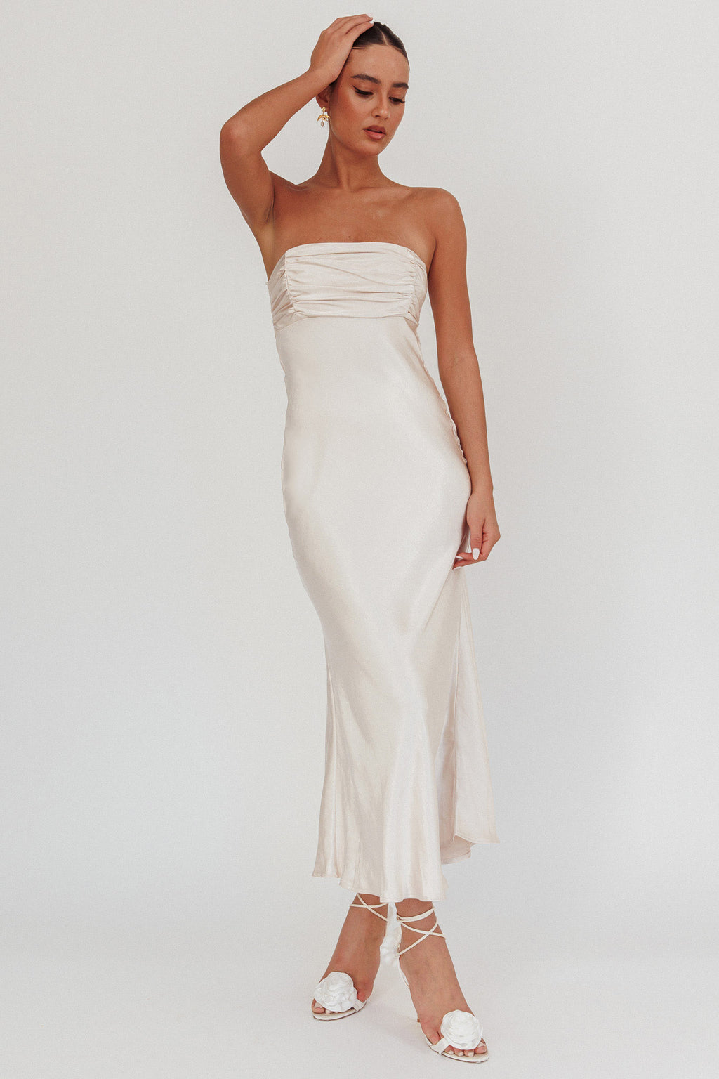 Moon Song Strapless Laced Back Dress Champagne by Selfie Leslie