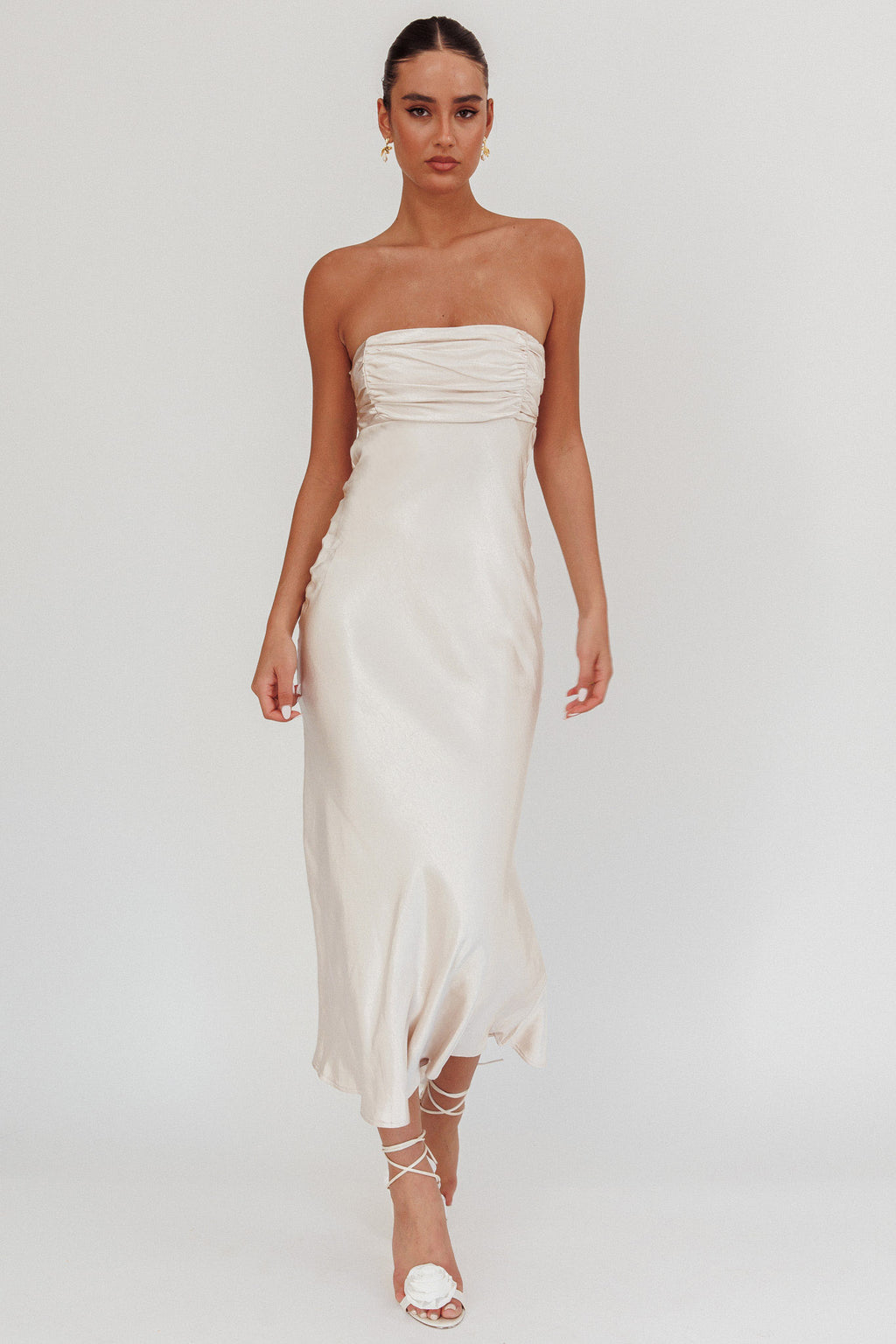 Moon Song Strapless Laced Back Dress Champagne by Selfie Leslie