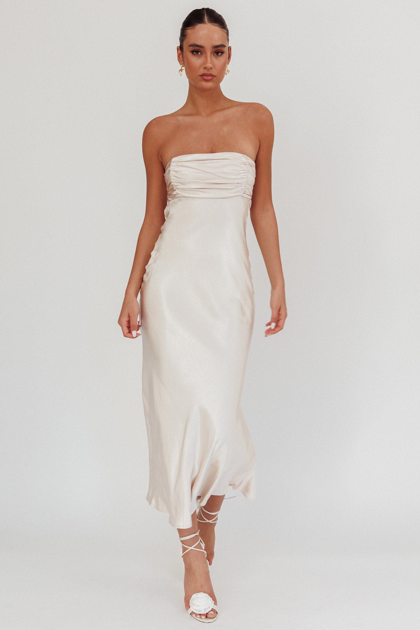 Moon Song Strapless Laced Back Dress Champagne by Selfie Leslie