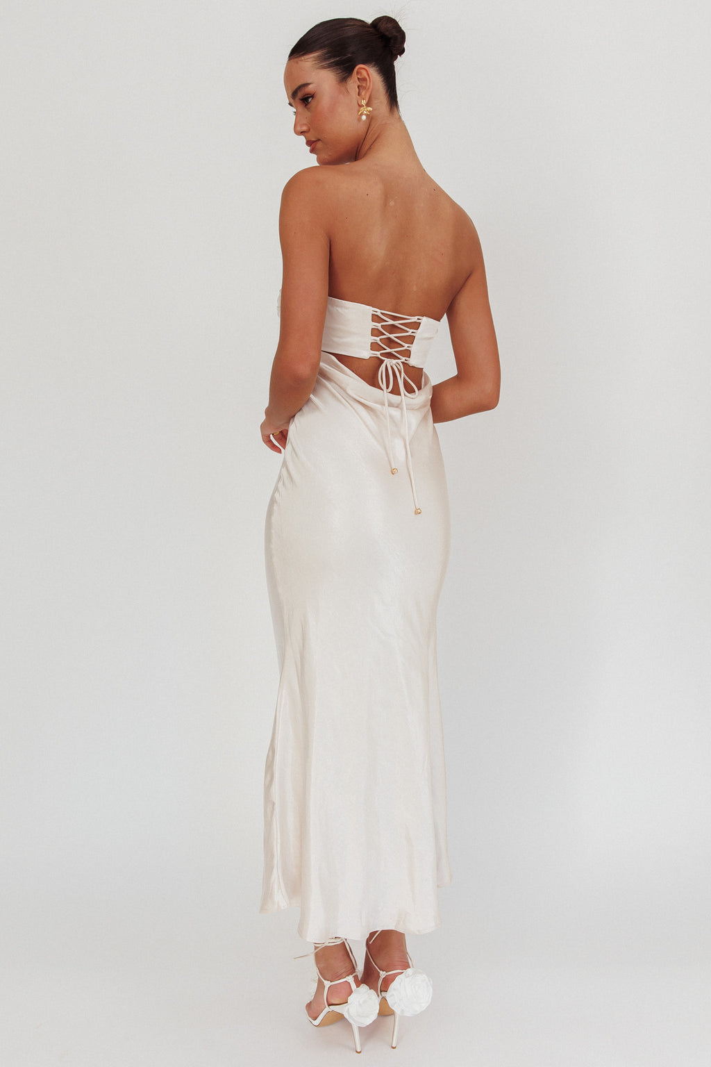 Moon Song Strapless Laced Back Dress Champagne by Selfie Leslie