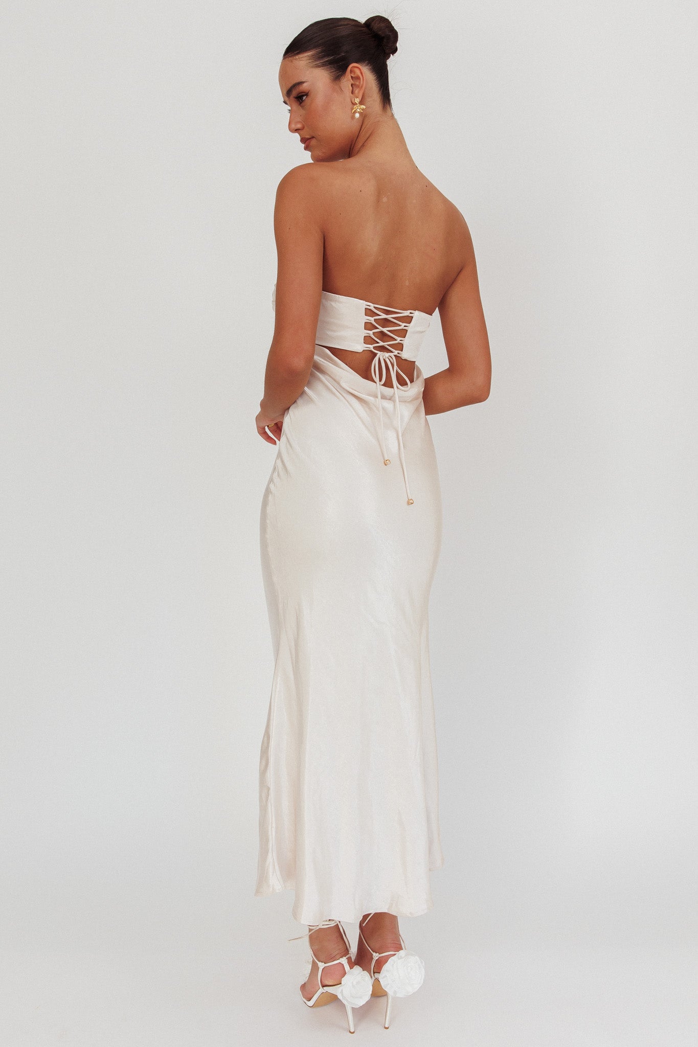 Moon Song Strapless Laced Back Dress Champagne by Selfie Leslie