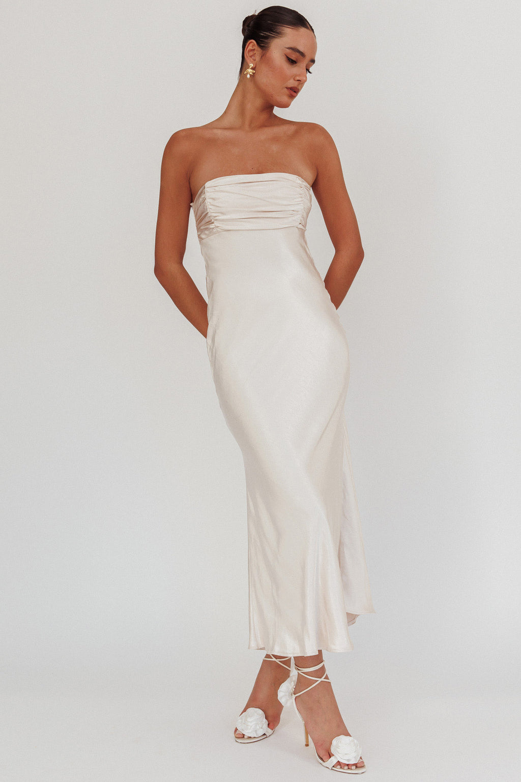 Moon Song Strapless Laced Back Dress Champagne by Selfie Leslie