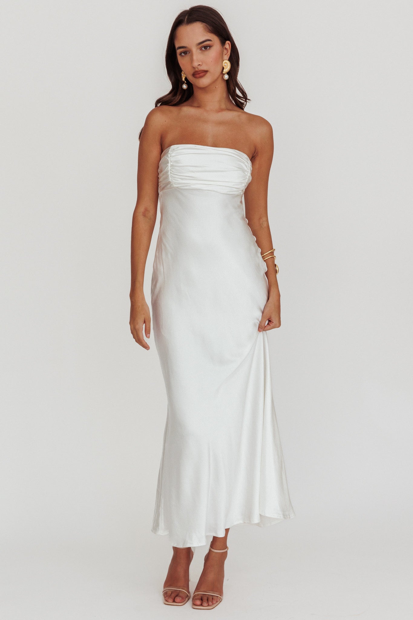 Moon Song Strapless Laced Back Dress Off White by Selfie Leslie