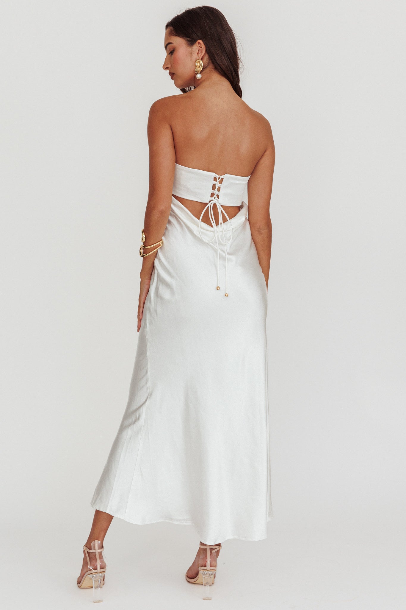 Moon Song Strapless Laced Back Dress Off White by Selfie Leslie