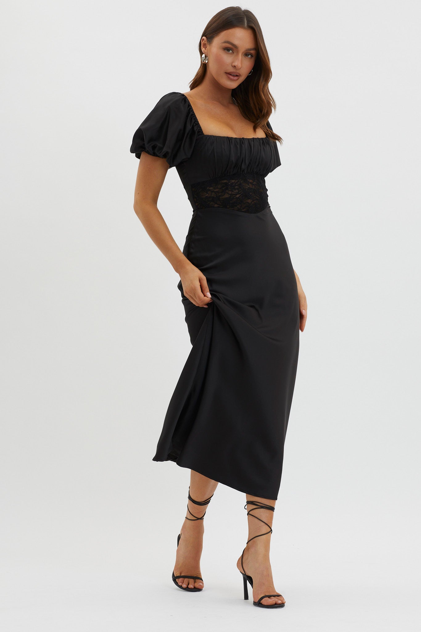 Allianna Puff Sleeve Lace Waist Midi Dress Black by Selfie Leslie